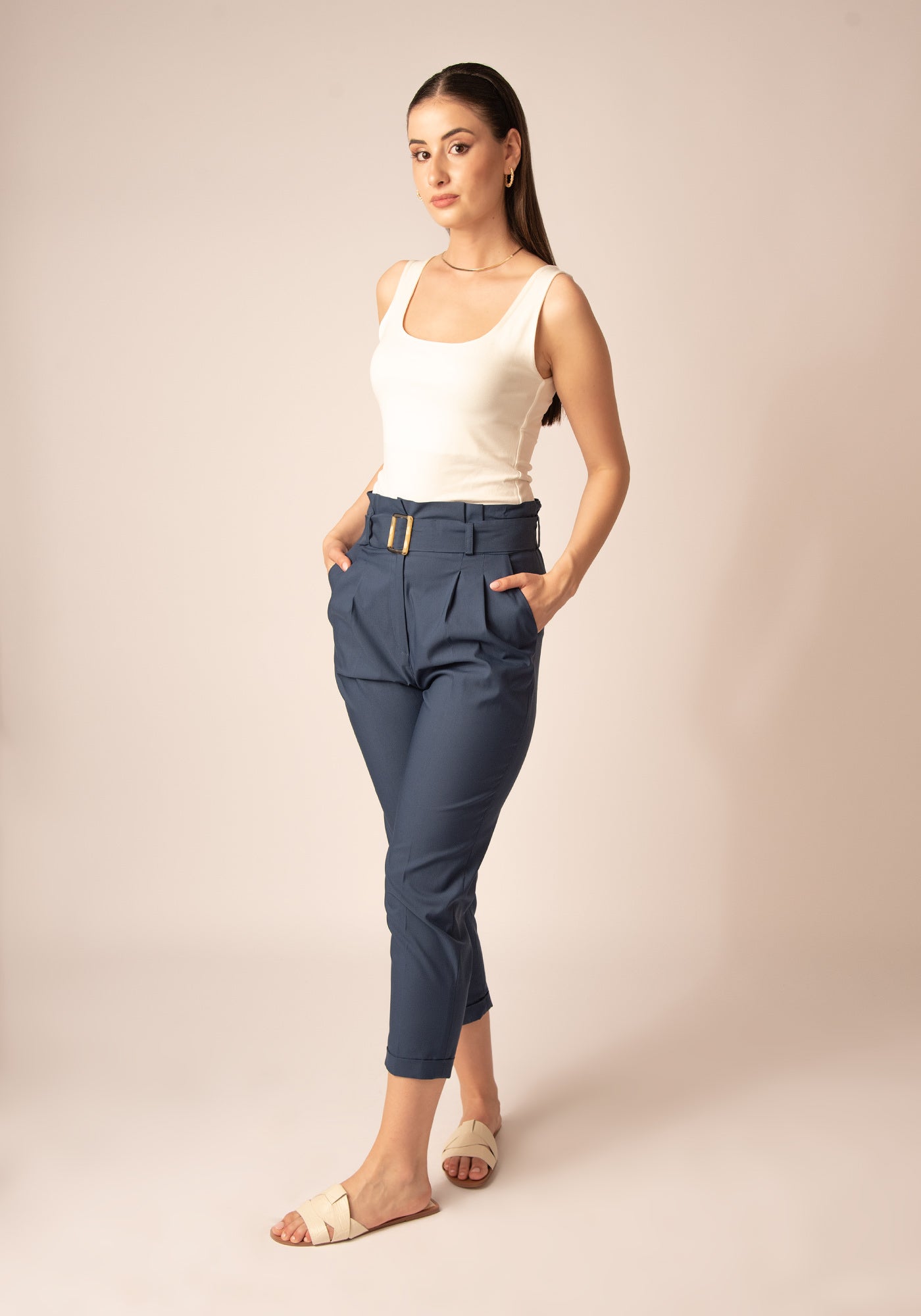 Women's Paper bag Slacks in Cotton Blue