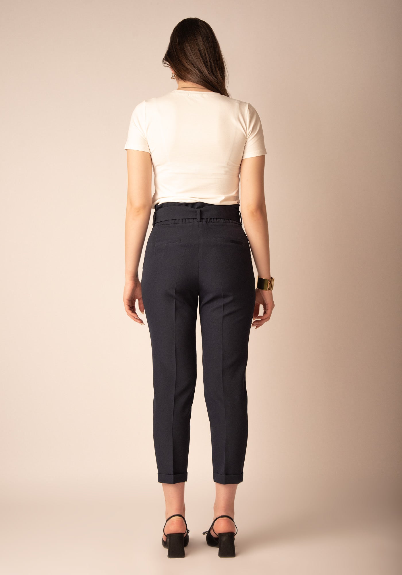 Дамски Панталон с Висока талия и Басти в Тъмносиньо