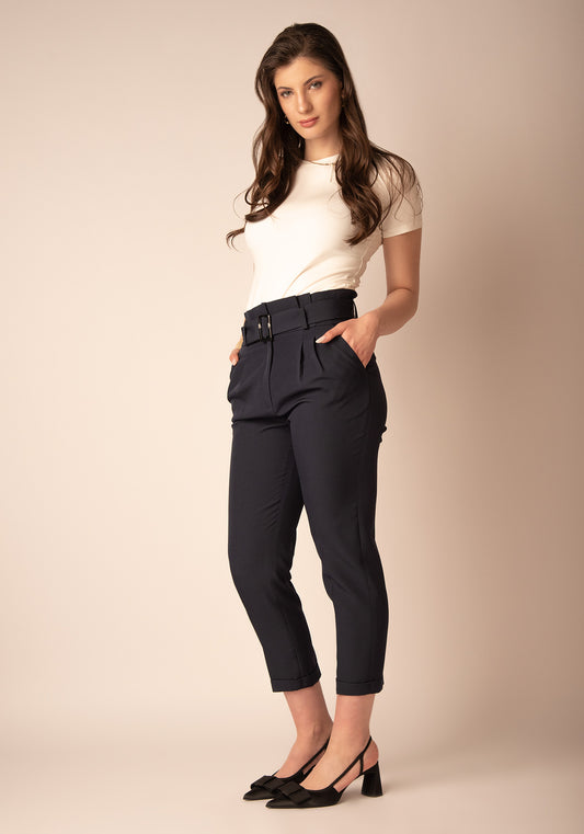 Дамски Панталон с Висока талия и Басти в Тъмносиньо