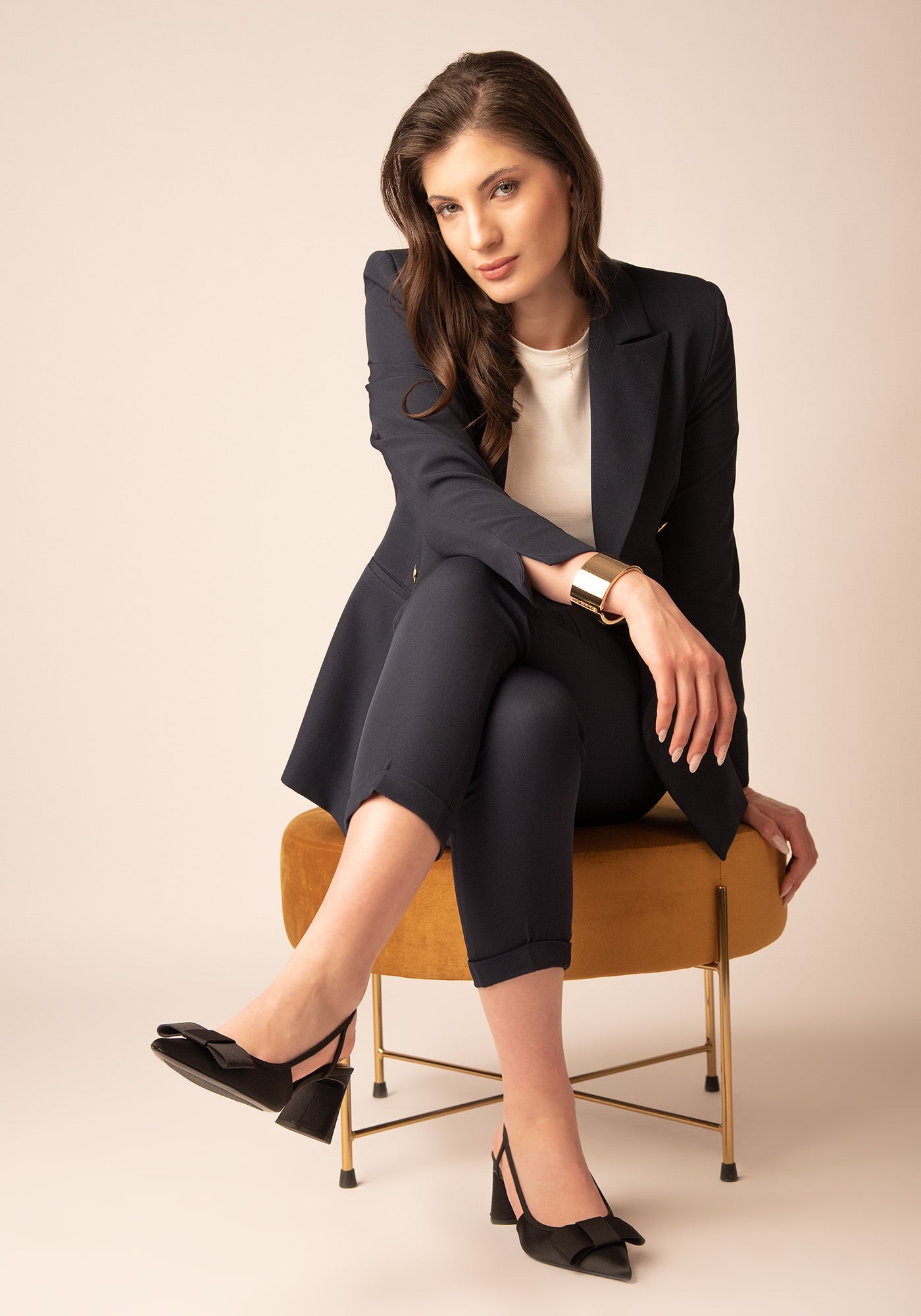 Дамски Панталон с Висока талия и Басти в Тъмносиньо