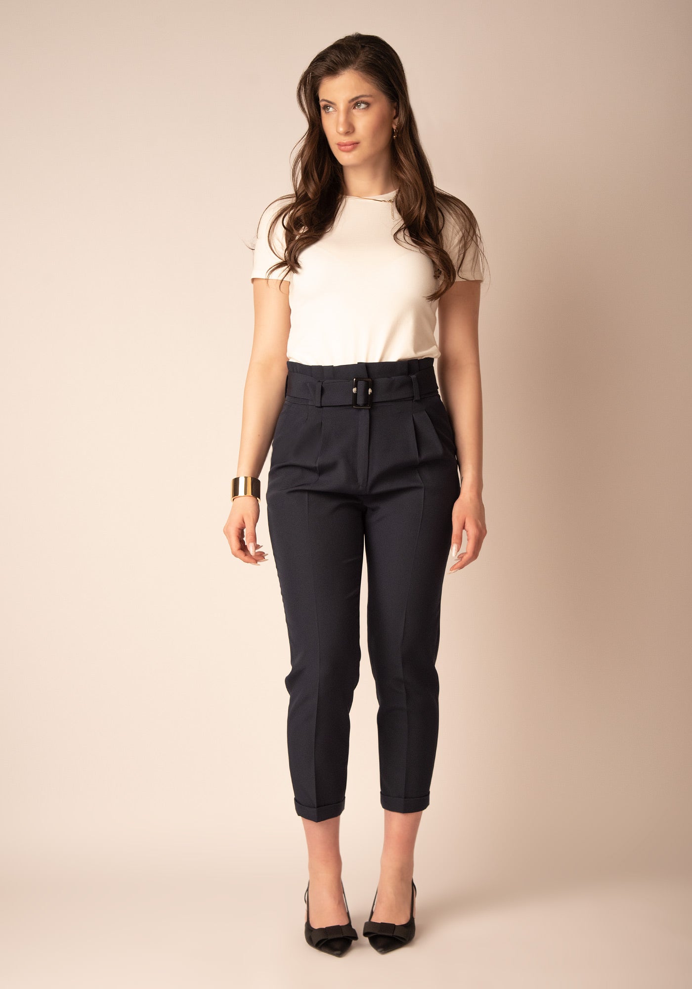 Дамски Панталон с Висока талия и Басти в Тъмносиньо