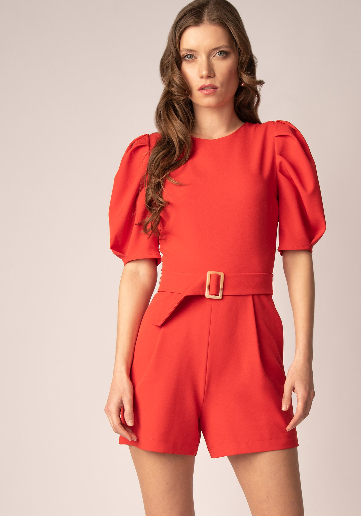 Statement Sleeves Mini Playsuit in Red