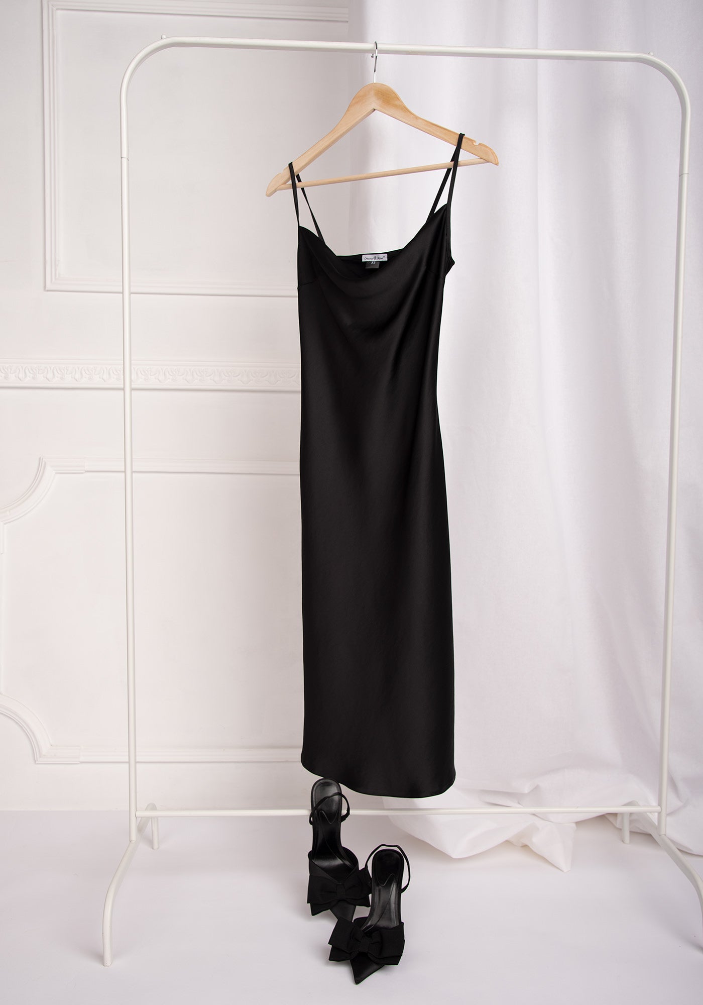 Women's Glossy Satin Slip Midi Dress in Black