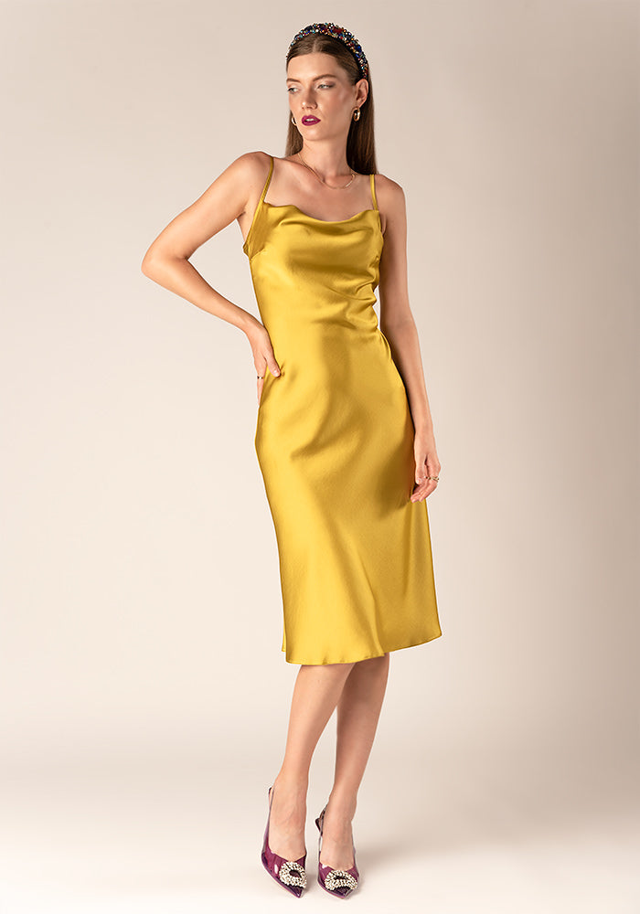 Women's Glossy Satin Slip Midi Dress in Gold