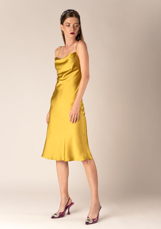 Women's Glossy Satin Slip Midi Dress in Gold