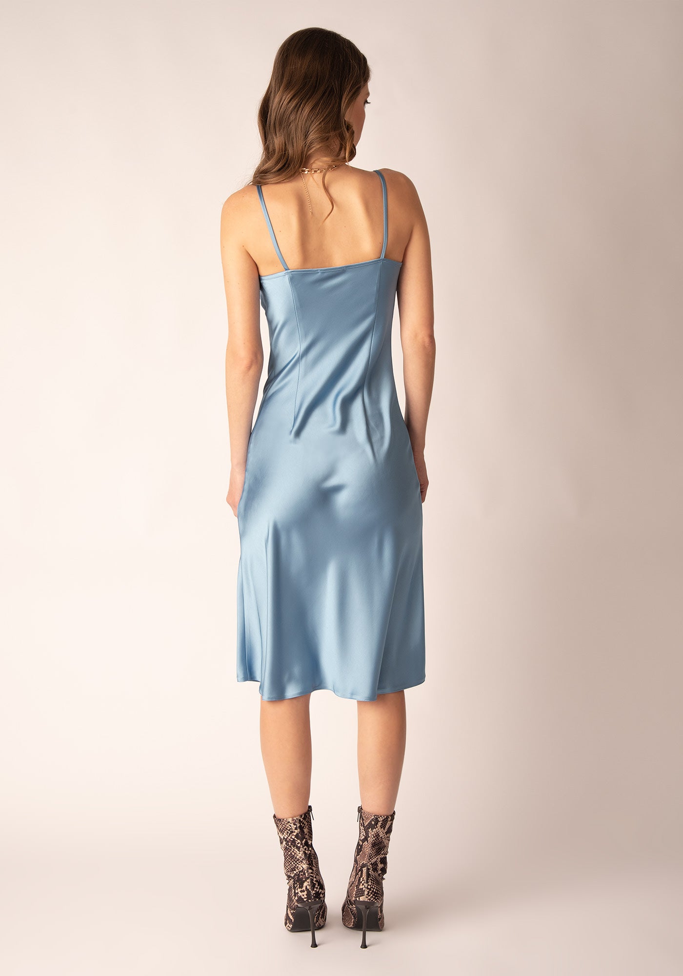 Women's Glossy Satin Slip Midi Dress in Light blue