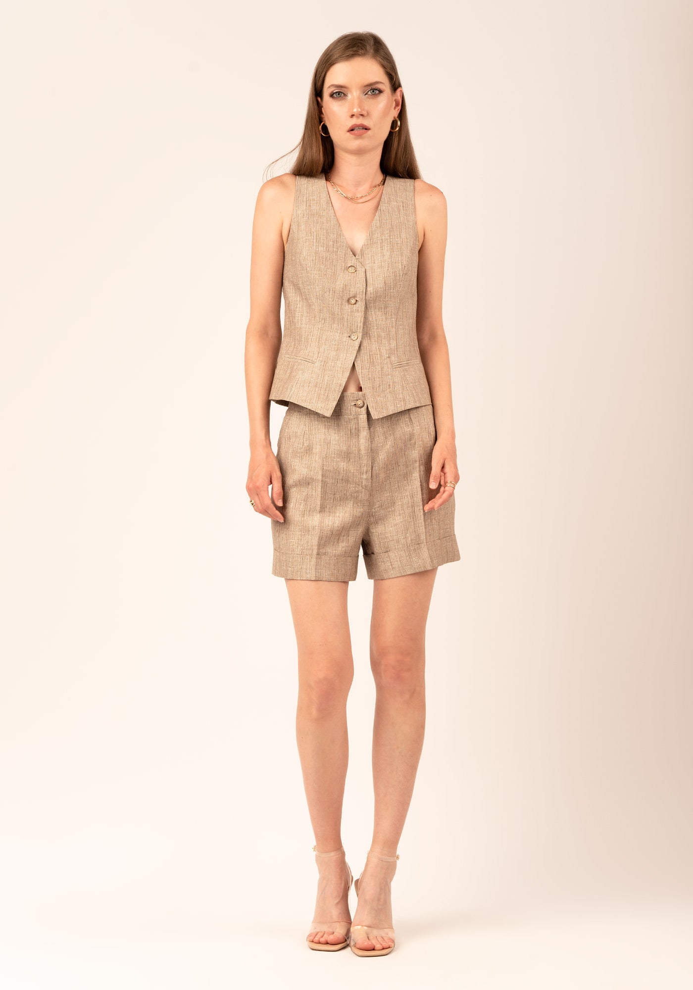 Women's High Waisted Linen Shorts in Beige with Gold Lamé