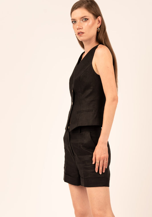 Women's High Waisted Linen Shorts in Black