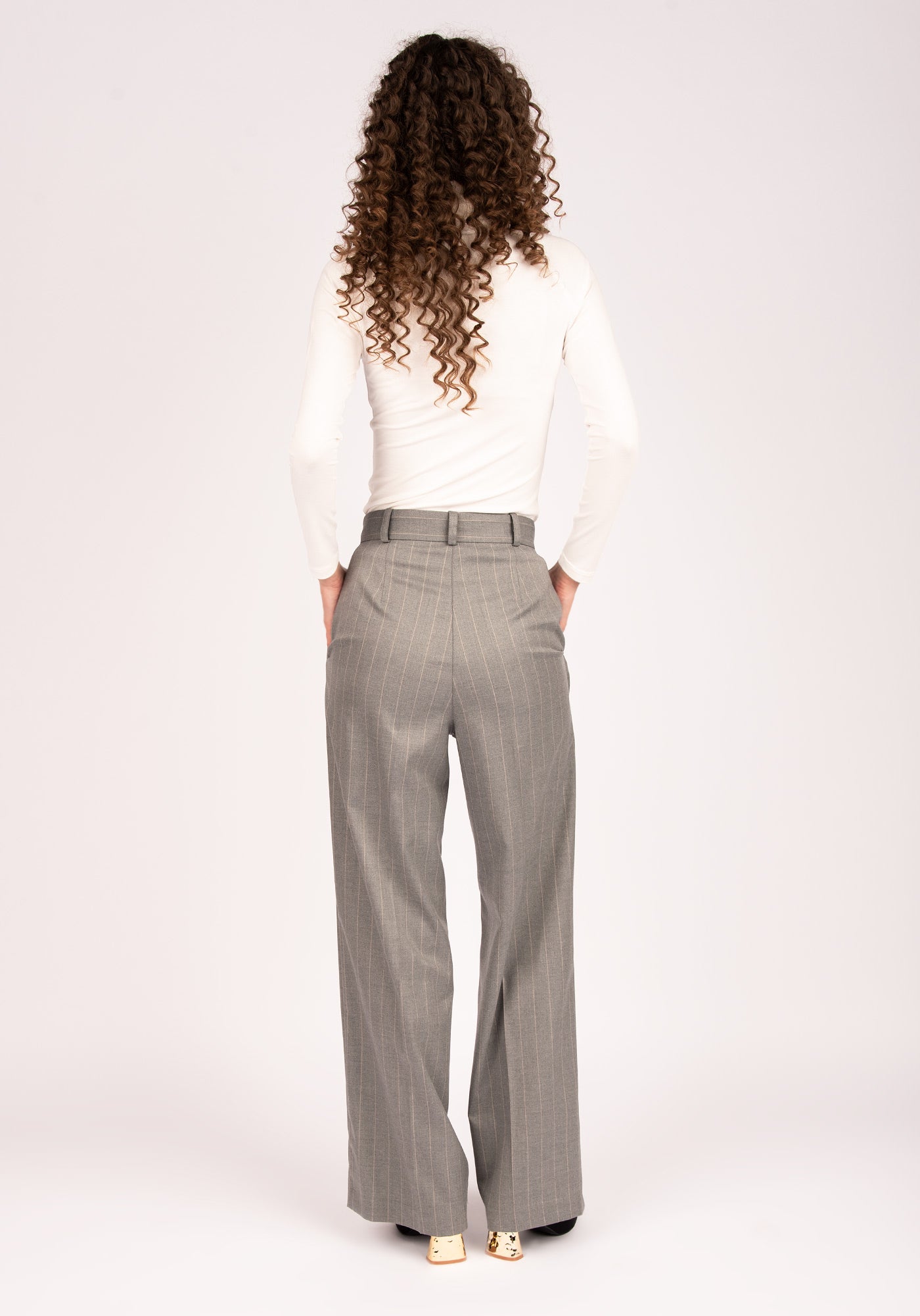 Women's Wide Leg Pleated High Waist Trousers in Pinstripe grey
