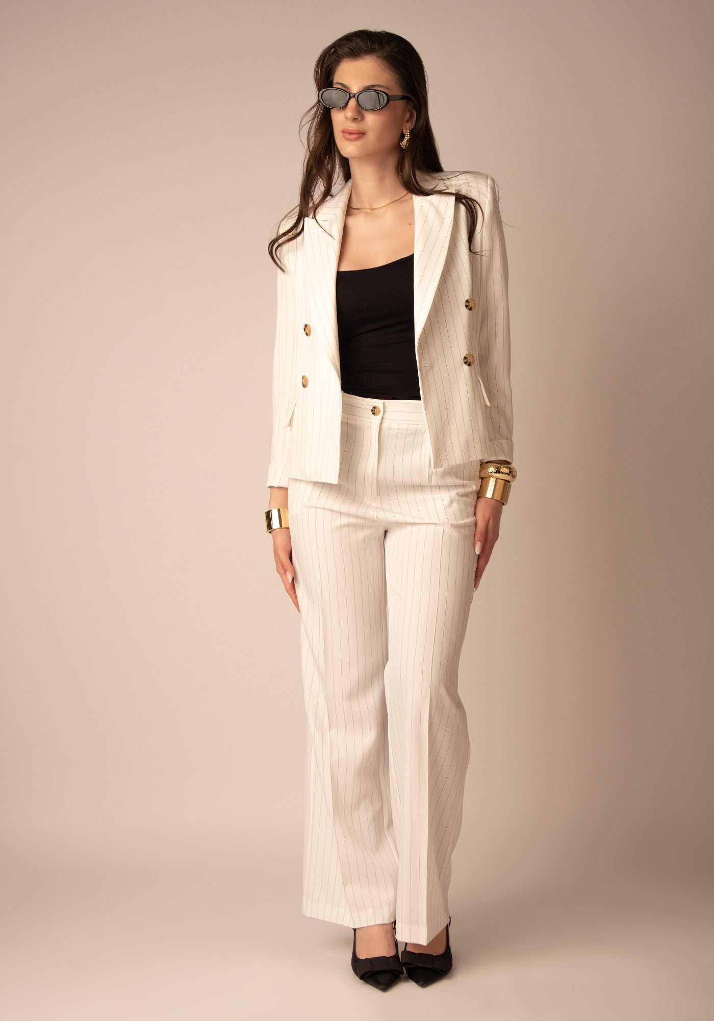 Women's Wide Leg Pleated High Waist Trousers in Pinstripe ecru