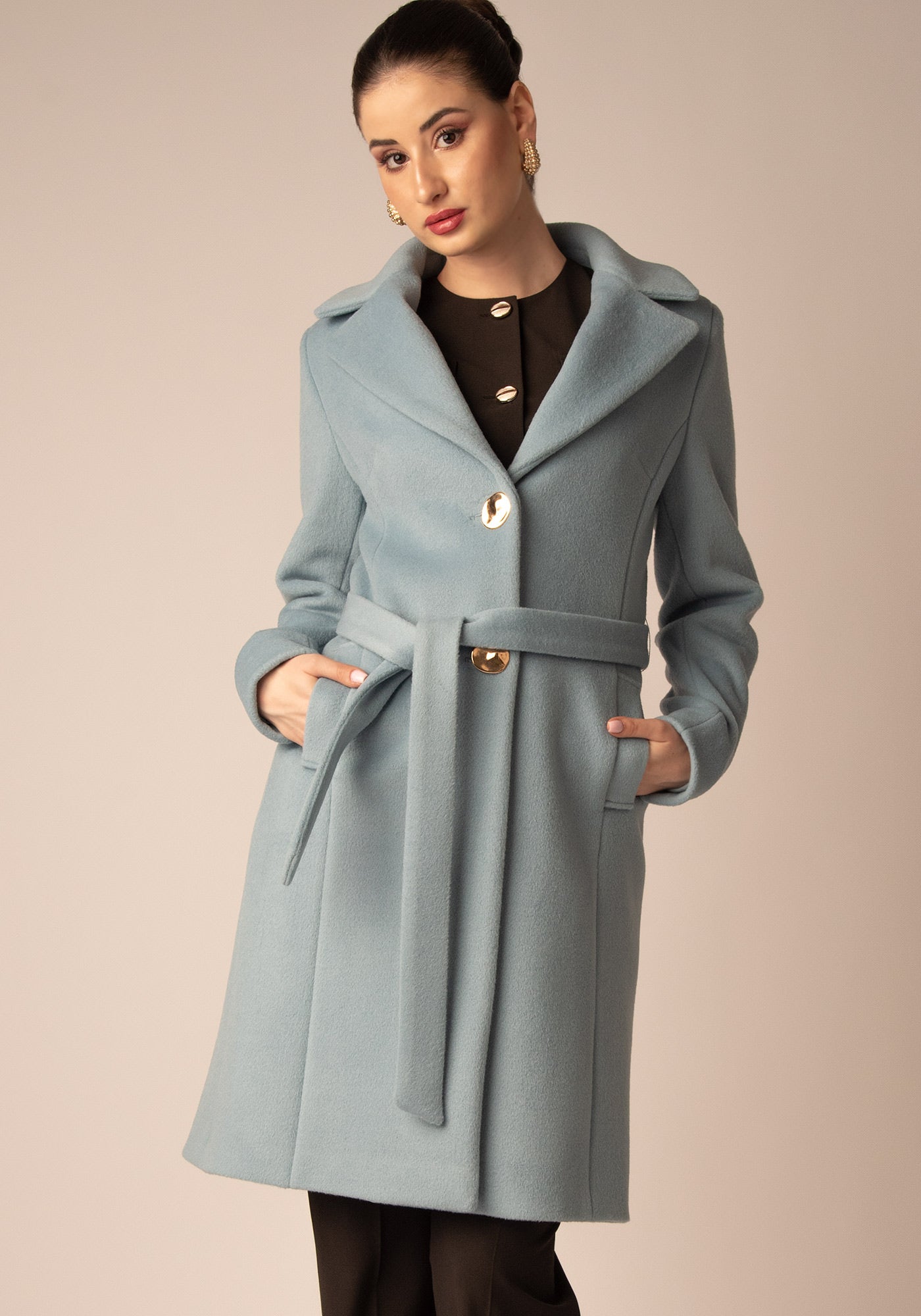 Вталено Дамско Палто от Вълнен микс в Светлосиньо