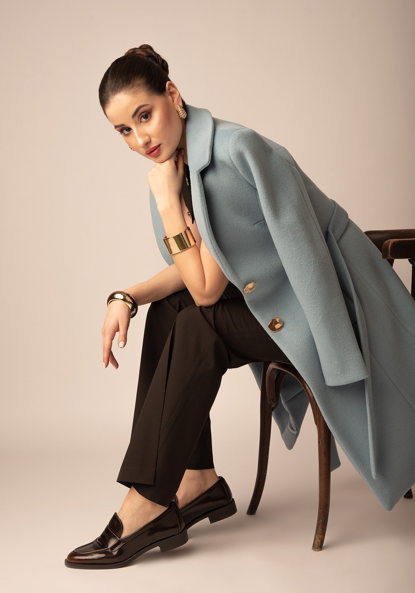 Вталено Дамско Палто от Вълнен микс в Светлосиньо