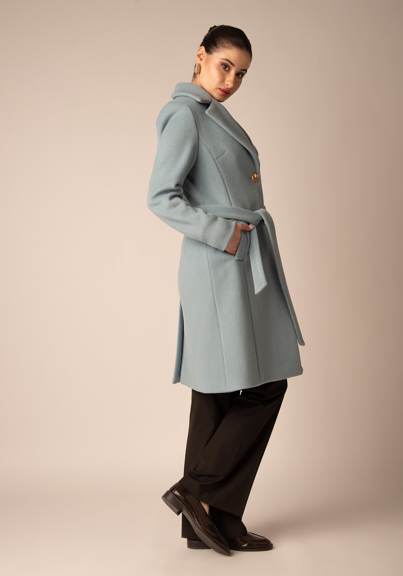 Вталено Дамско Палто от Вълнен микс в Светлосиньо