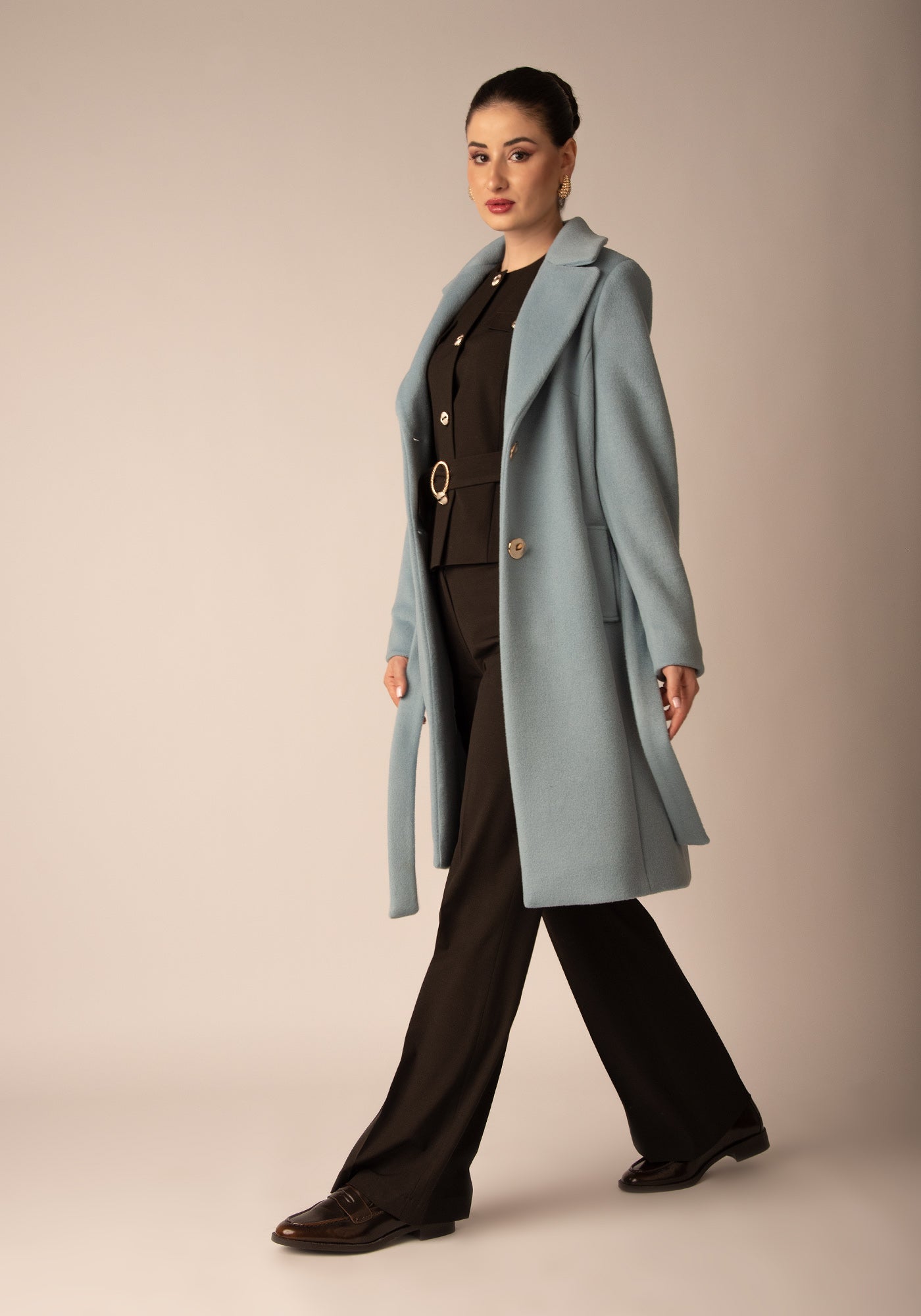 Вталено Дамско Палто от Вълнен микс в Светлосиньо