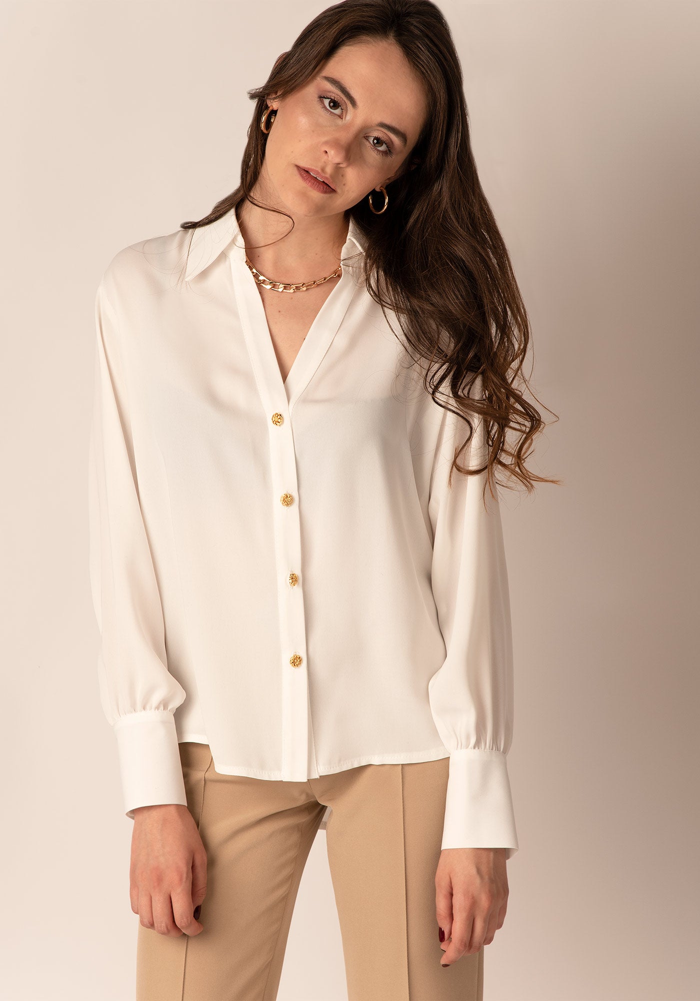 Women's Relaxed Shirt with Gold buttons in Ecru Women's Relaxed Shirt with Gold buttons in Ecru