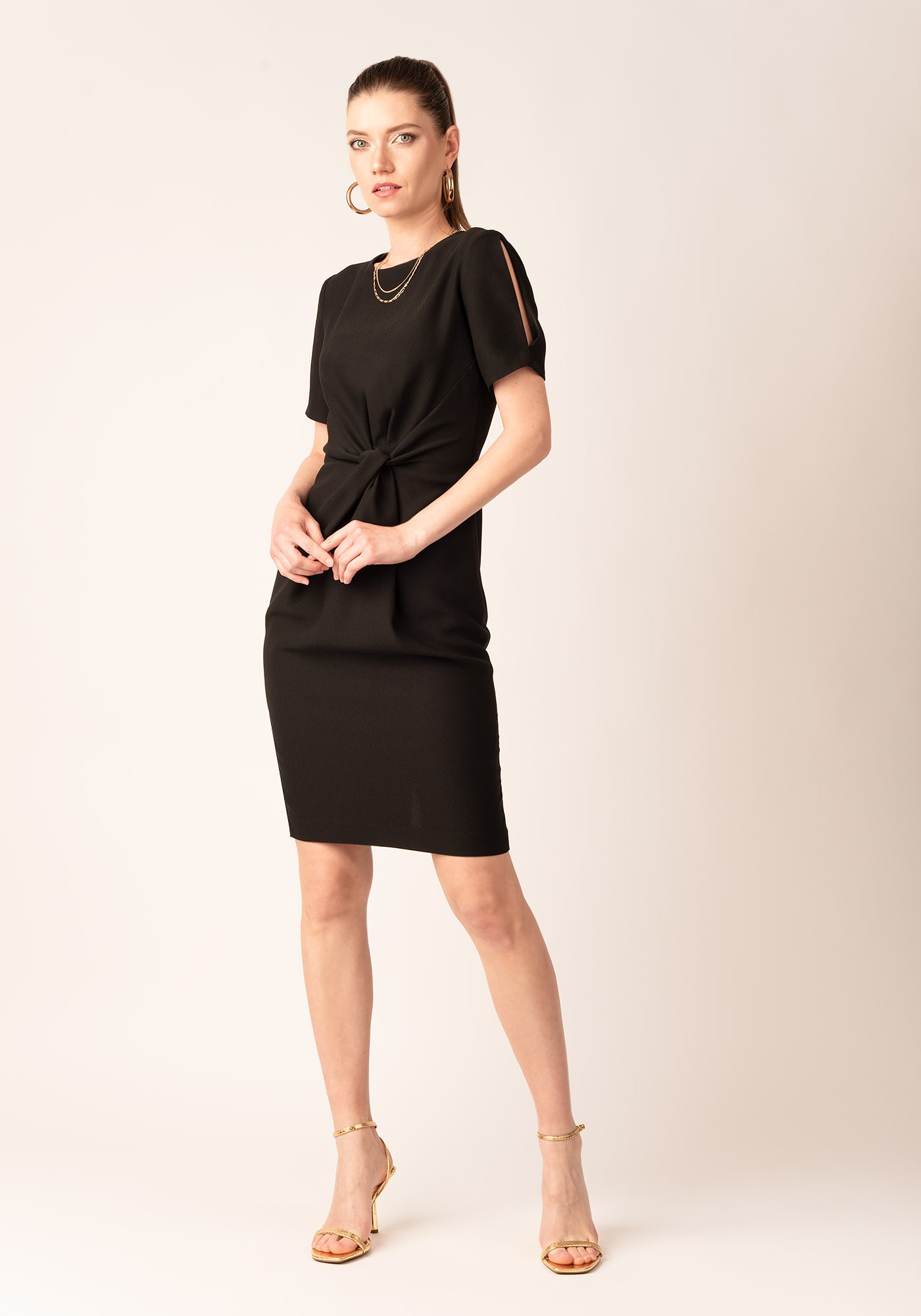 Elegant Twisted Front Midi Occasion Dress in Black