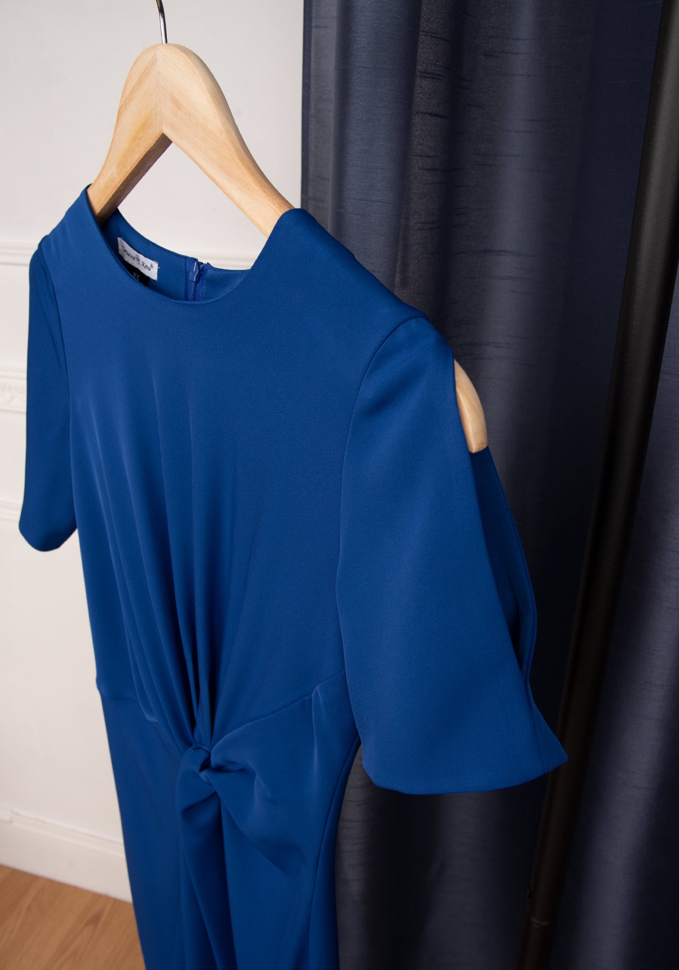 Elegant Twisted Front Midi Occasion Dress in Indigo blue