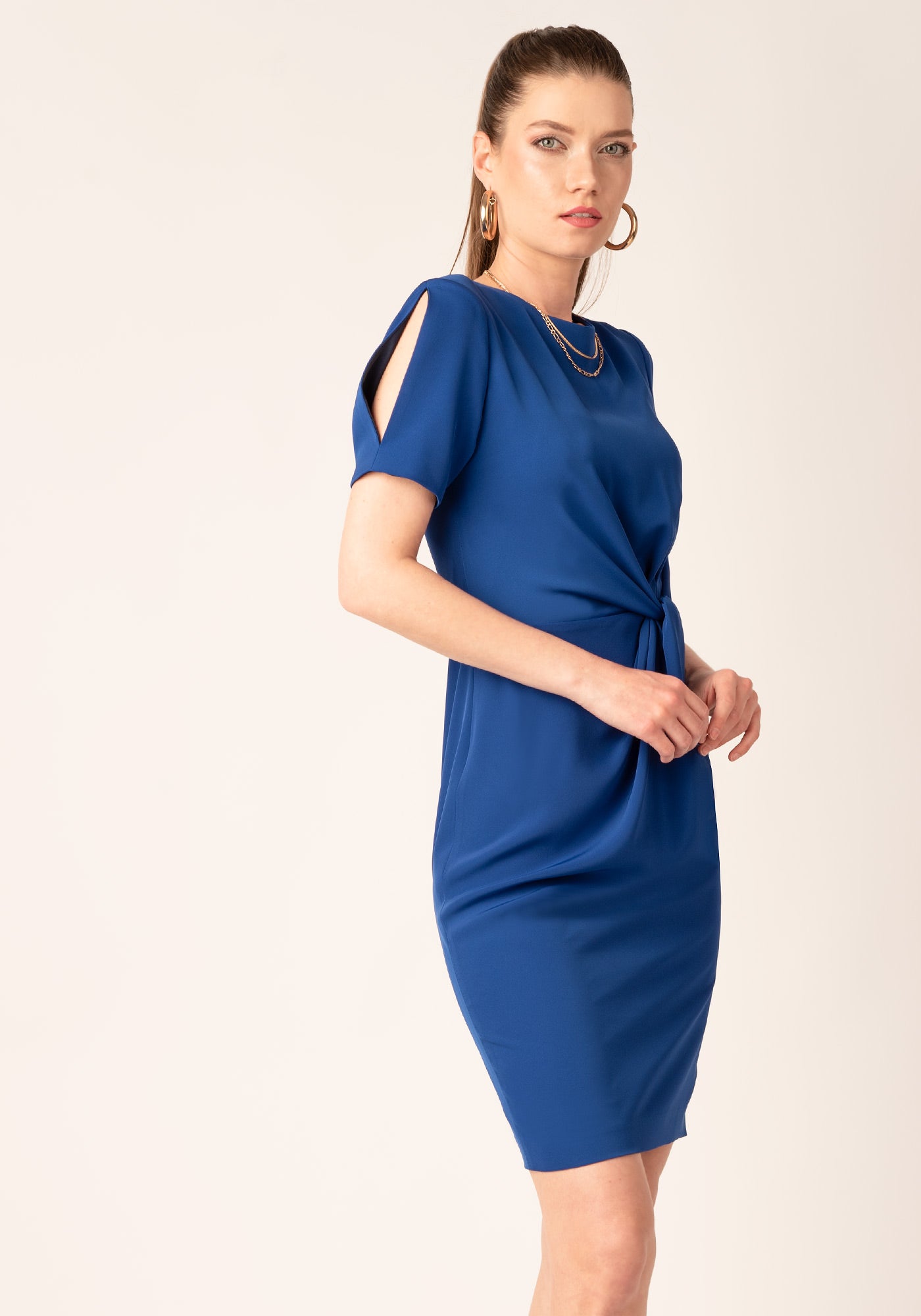 Elegant Twisted Front Midi Occasion Dress in Indigo blue