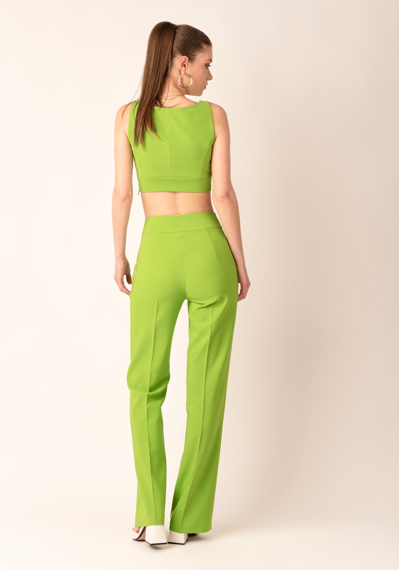 Women's High Rise Figure Flattering Flare Trousers in Apple Green