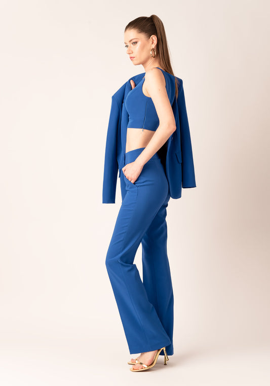 Women's High Rise Figure Flattering Flare Trousers in Indigo blue