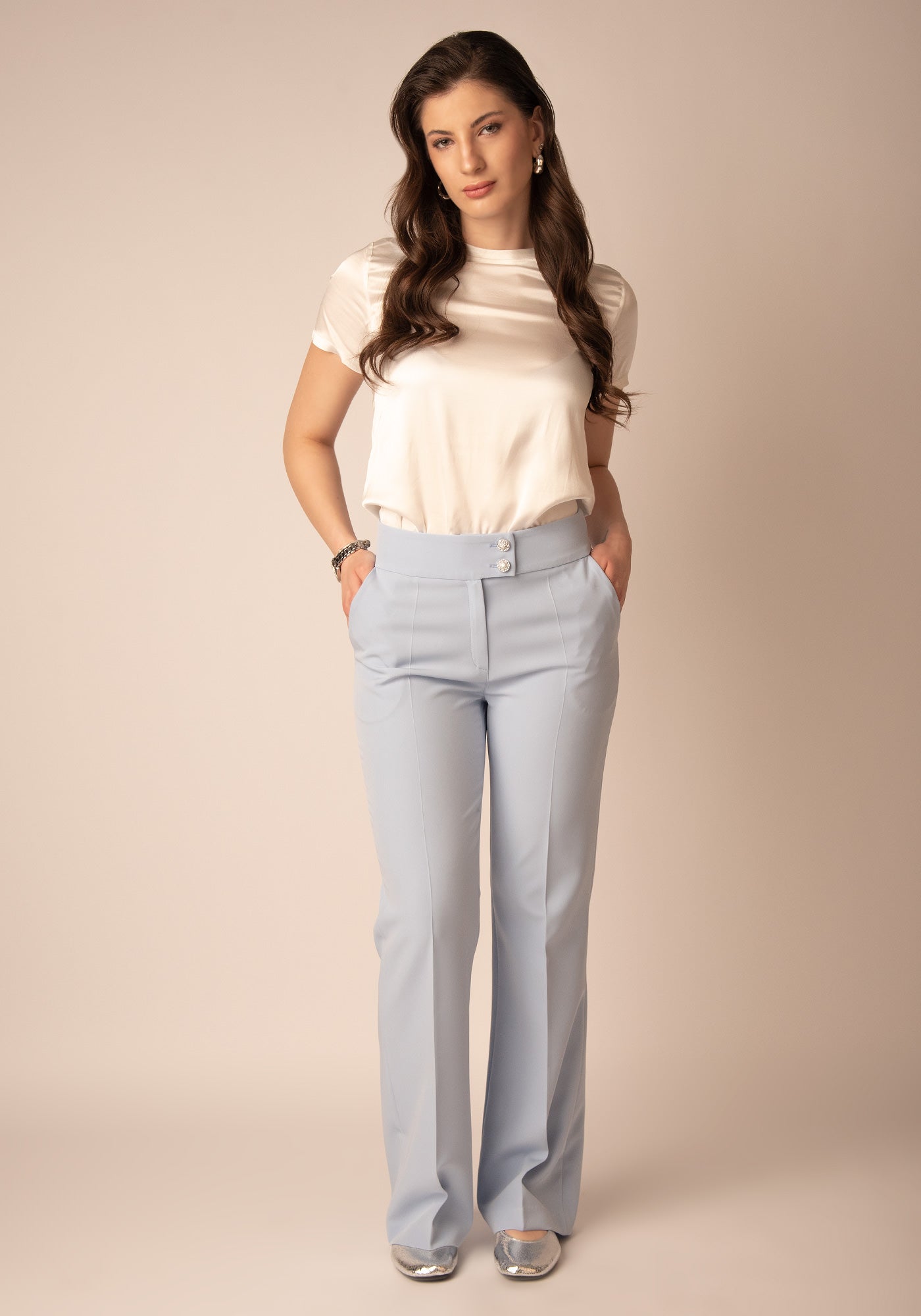 Women's High Rise Figure Flattering Flare Trousers in Sky Blue