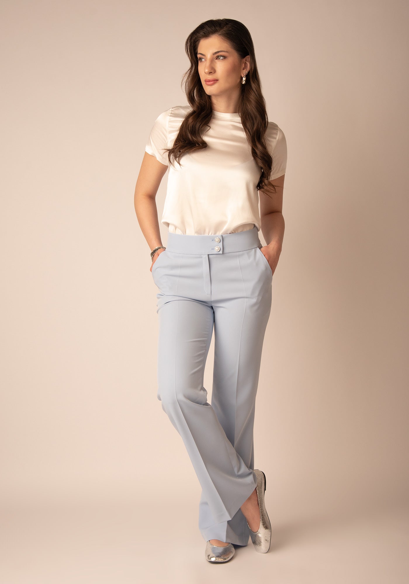 Women's High Rise Figure Flattering Flare Trousers in Sky Blue