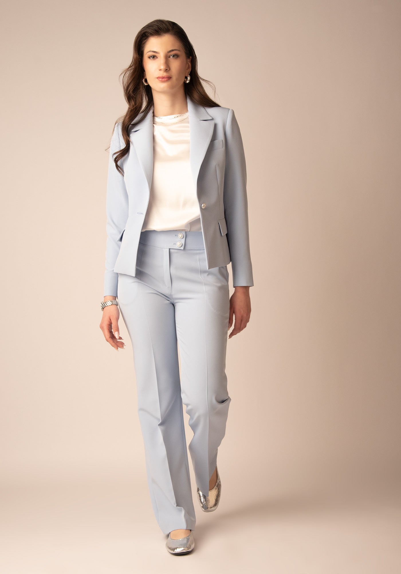 Women's High Rise Figure Flattering Flare Trousers in Sky Blue