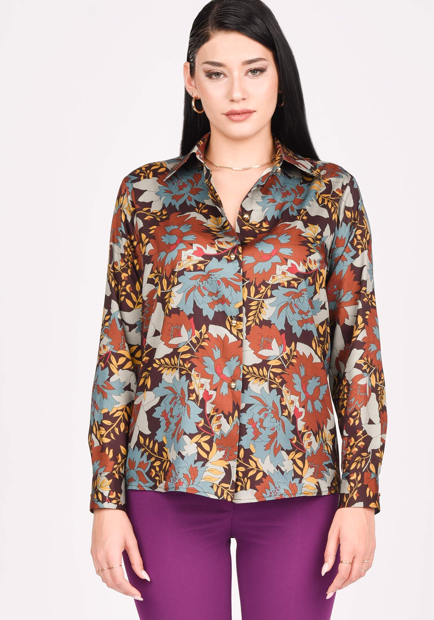 Women's Relaxed Button up Shirt in Floral Satin