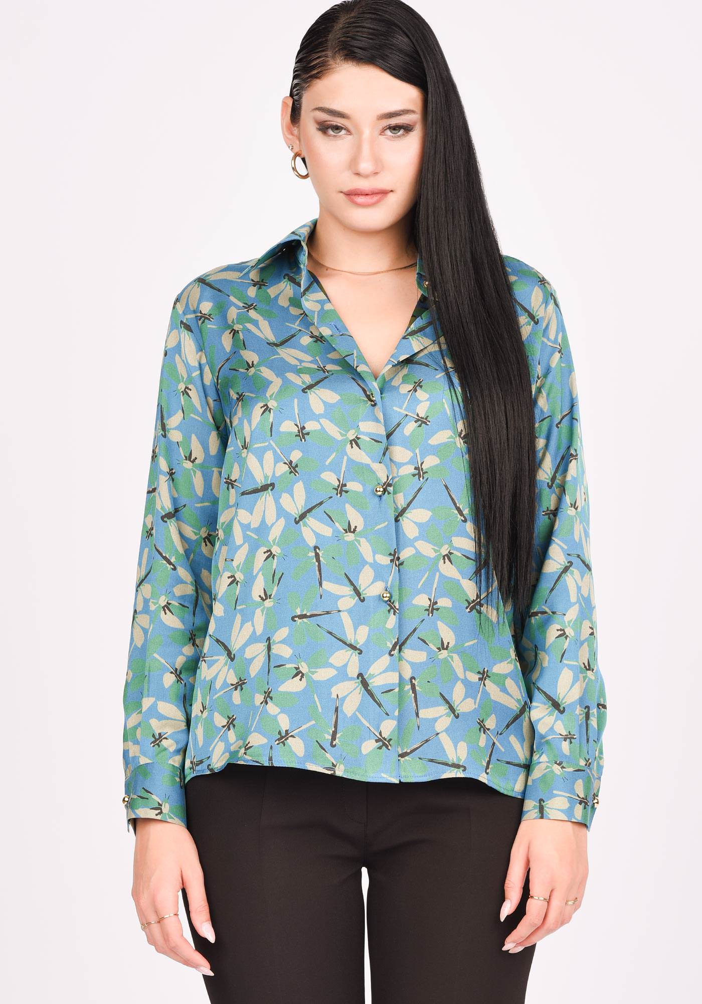 Women's Relaxed Button up Shirt in Dragonfly print Satin
