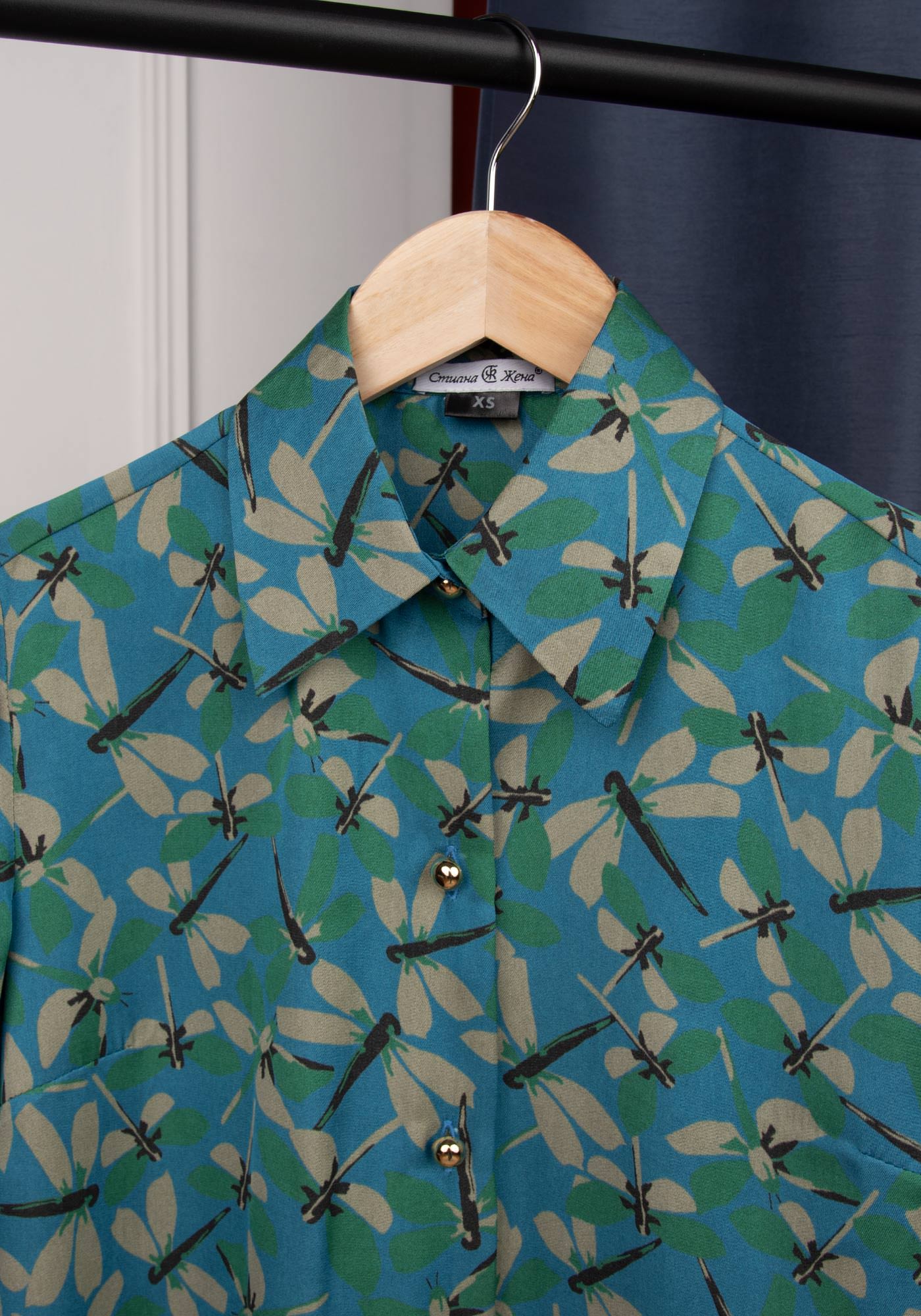 Елегантна Дамска Риза със Свободен Силует в Синьо- Зелено