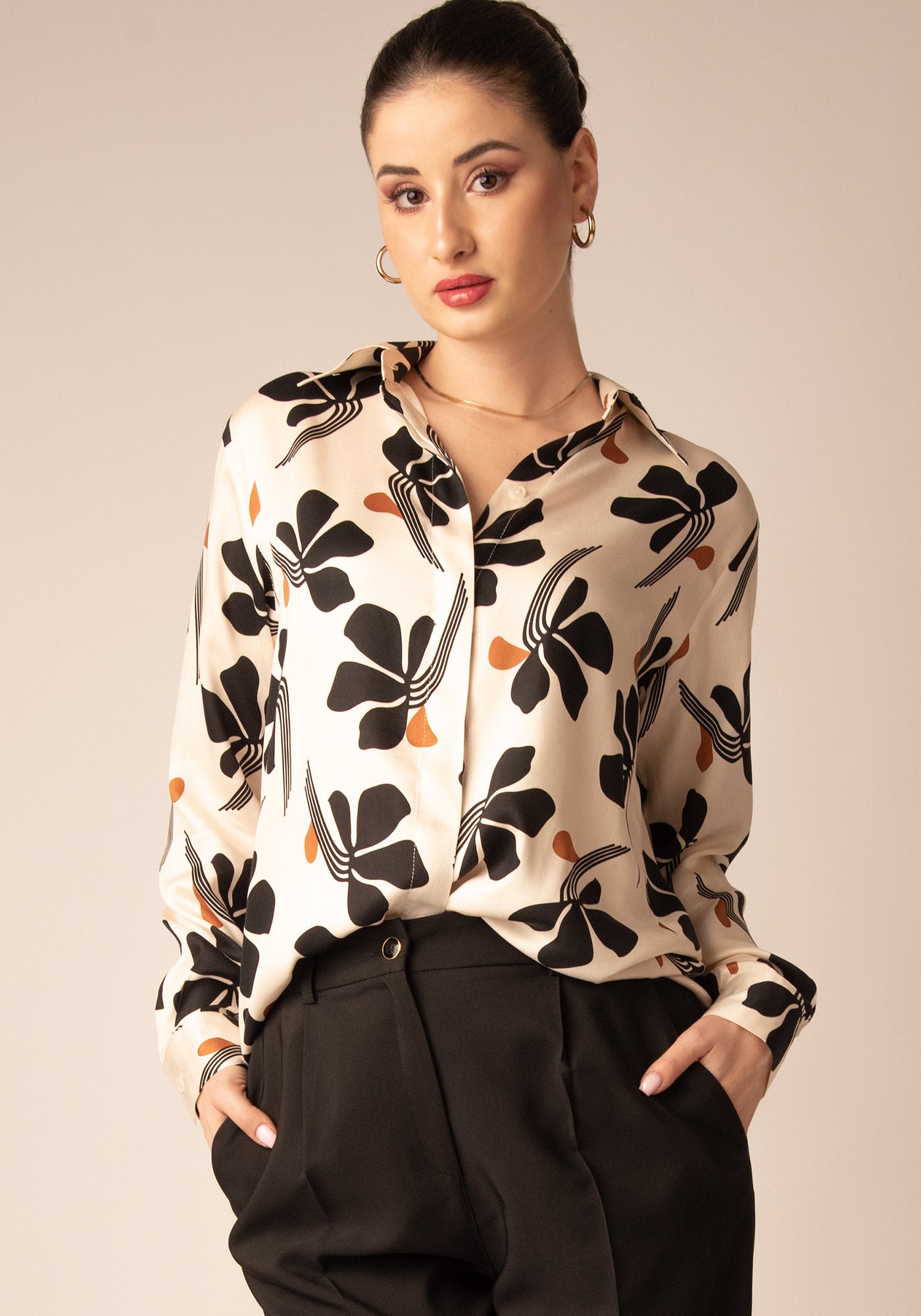 Button up Satin Shirt in Floral beige