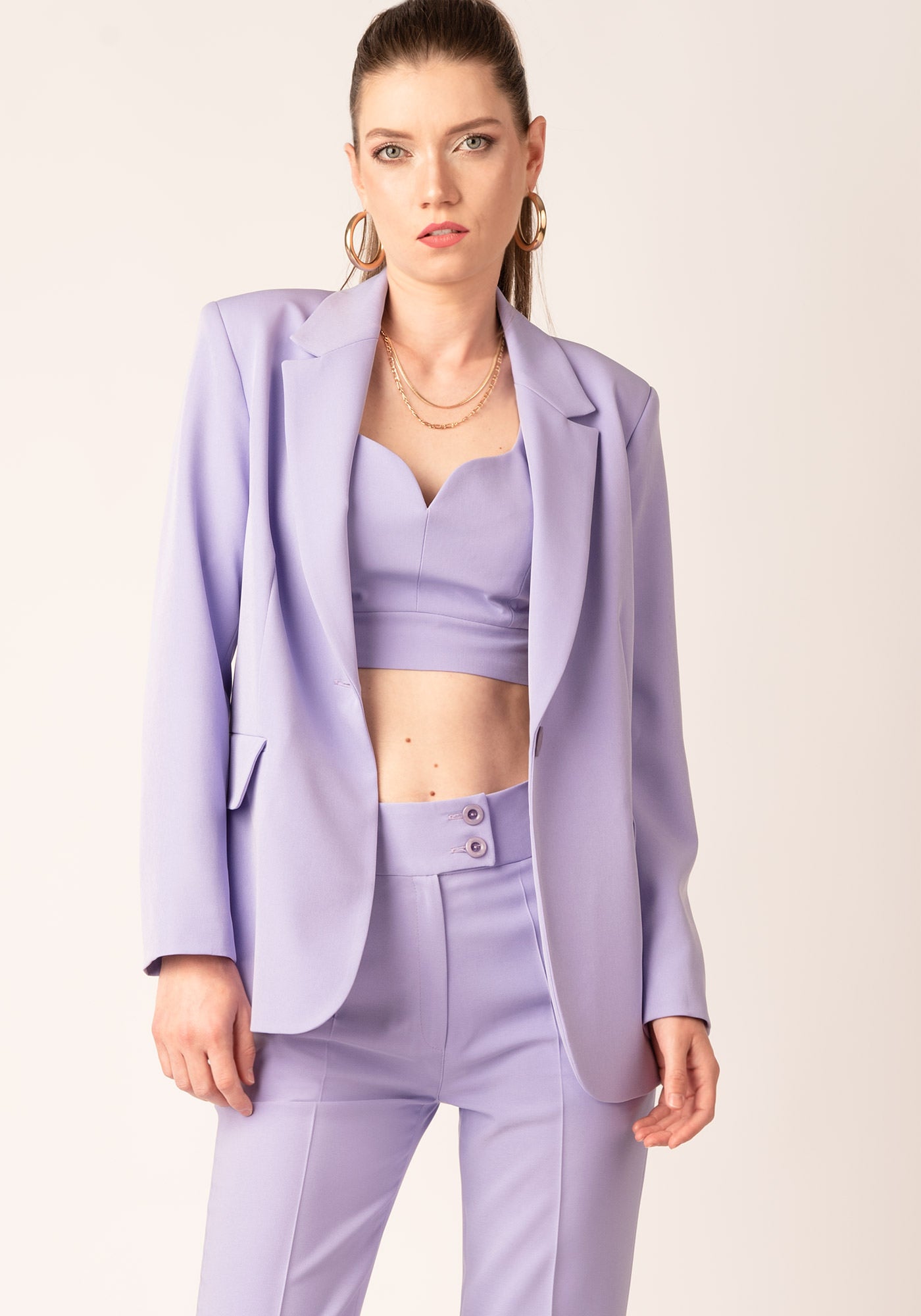 Women's High Rise Figure Flattering Flare Trousers in Lilac