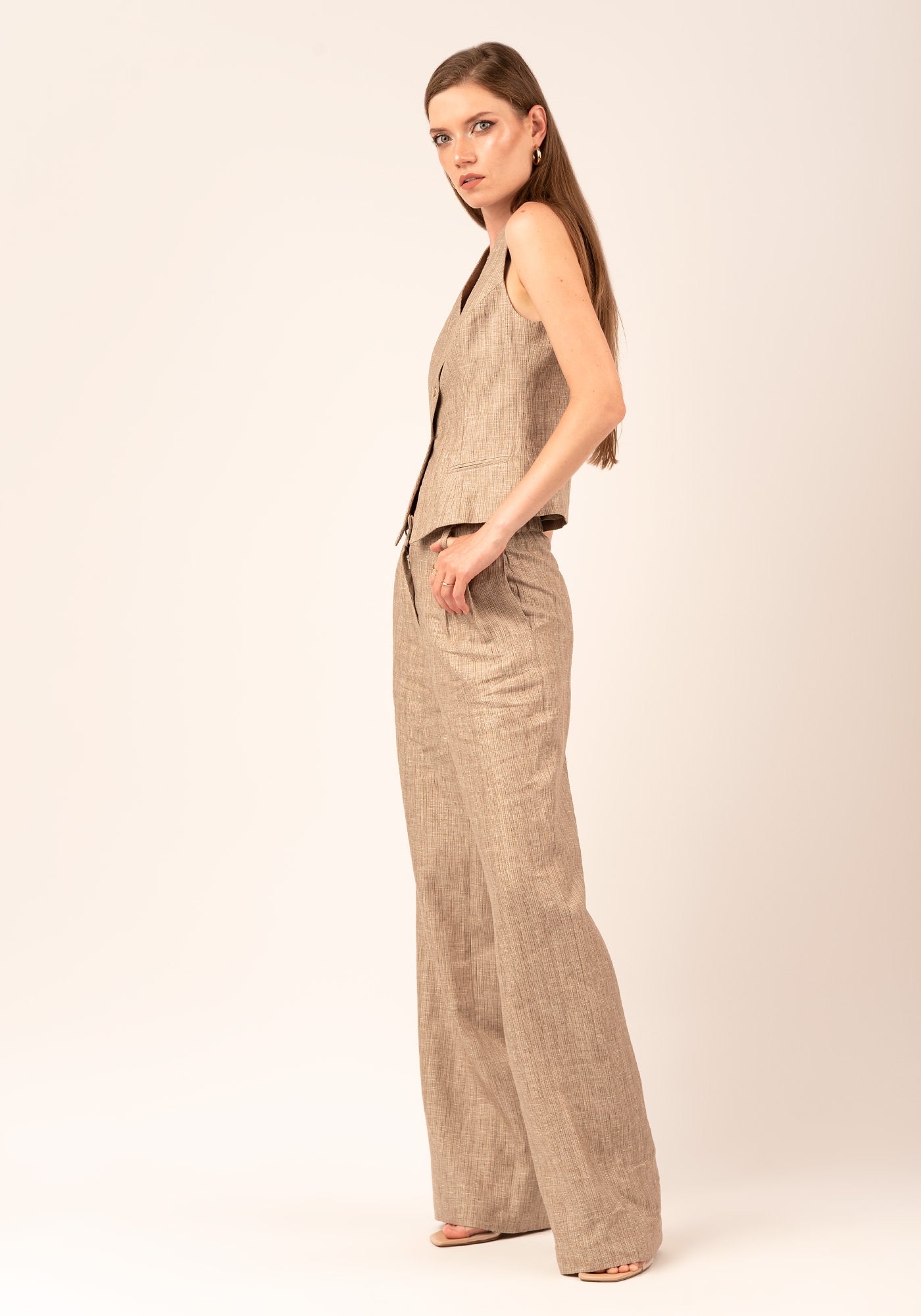 High waisted Straight Leg Women's Linen Pant in Beige with Gold Lamé