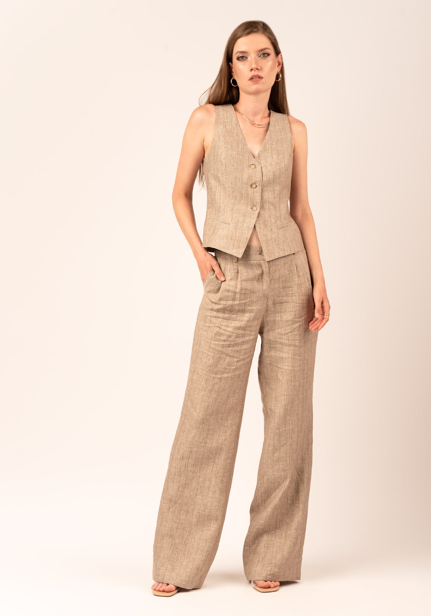 High waisted Straight Leg Women's Linen Pant in Beige with Gold Lamé