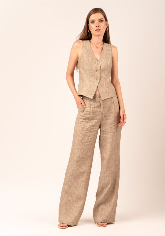 High waisted Straight Leg Women's Linen Pant in Beige with Gold Lamé