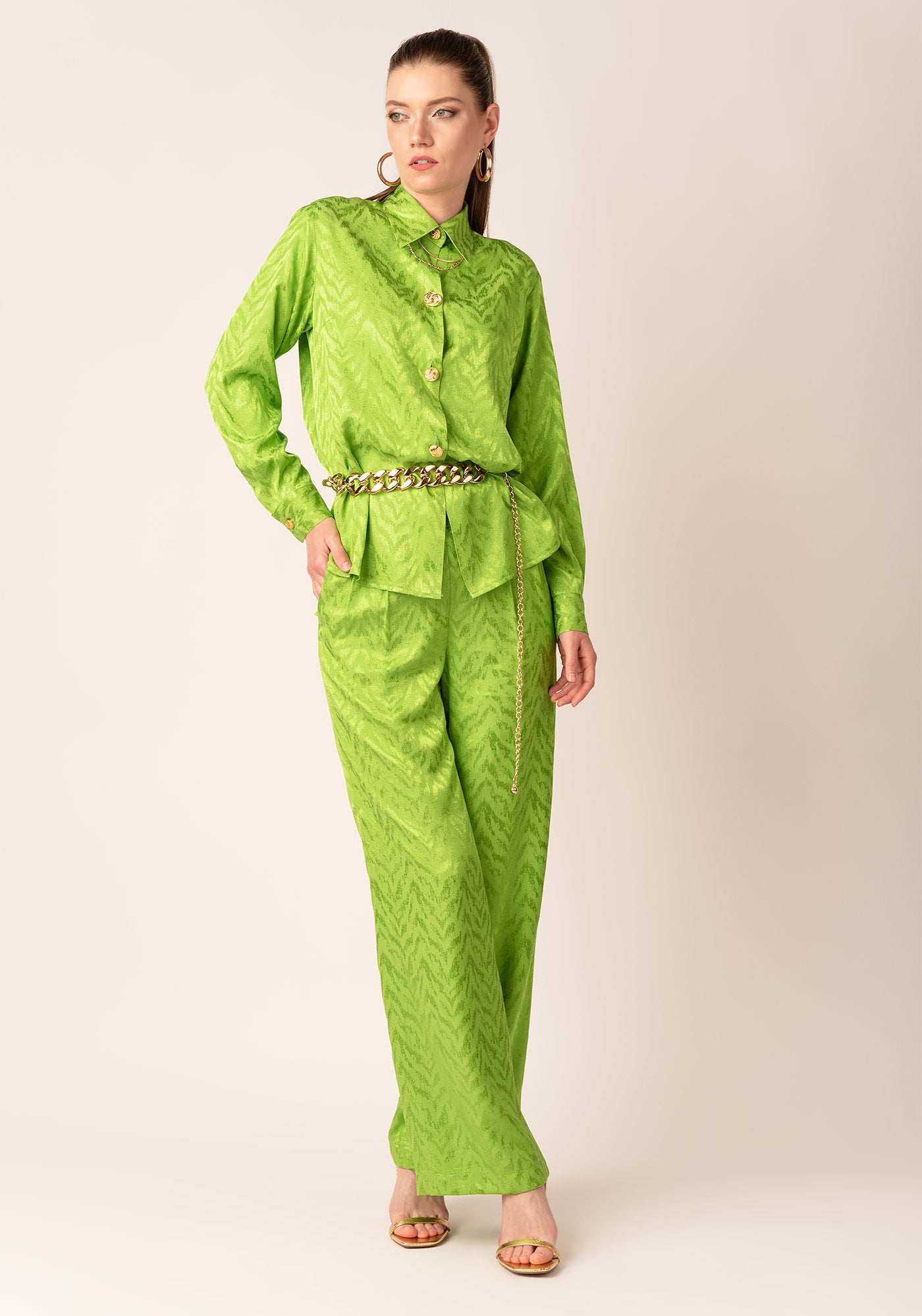 Women's Elegant Relaxed Shirt with Gold buttons in Apple Green