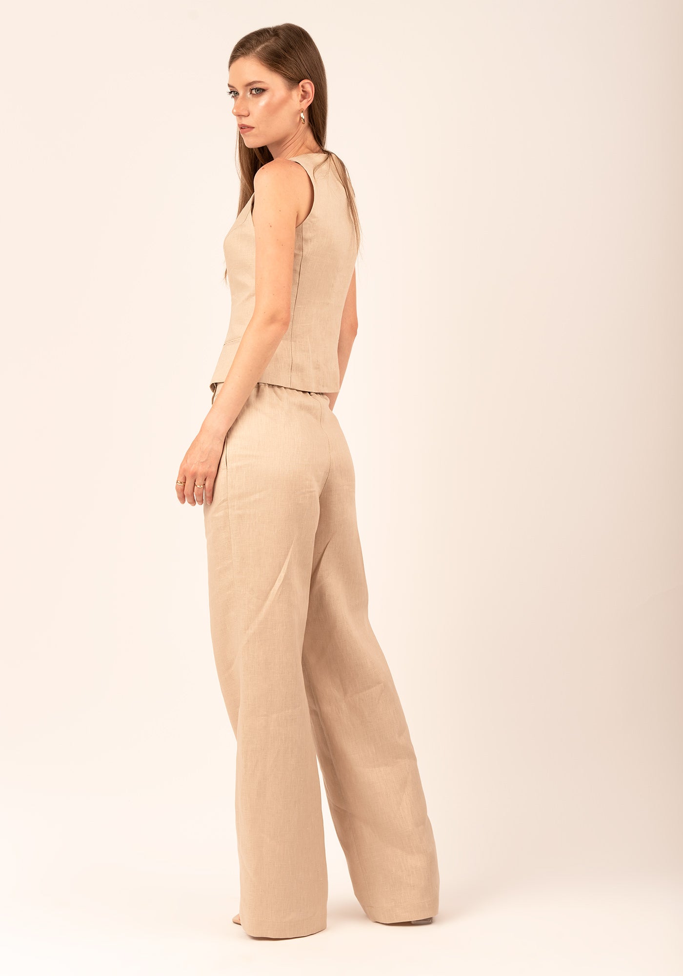 High waisted Straight Leg Women's Linen Pant in Beige