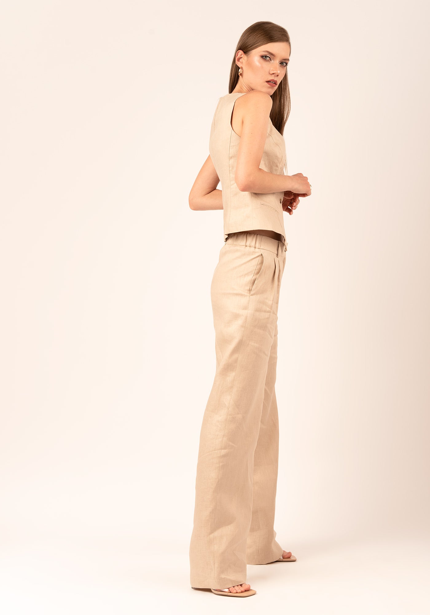 High waisted Straight Leg Women's Linen Pant in Beige