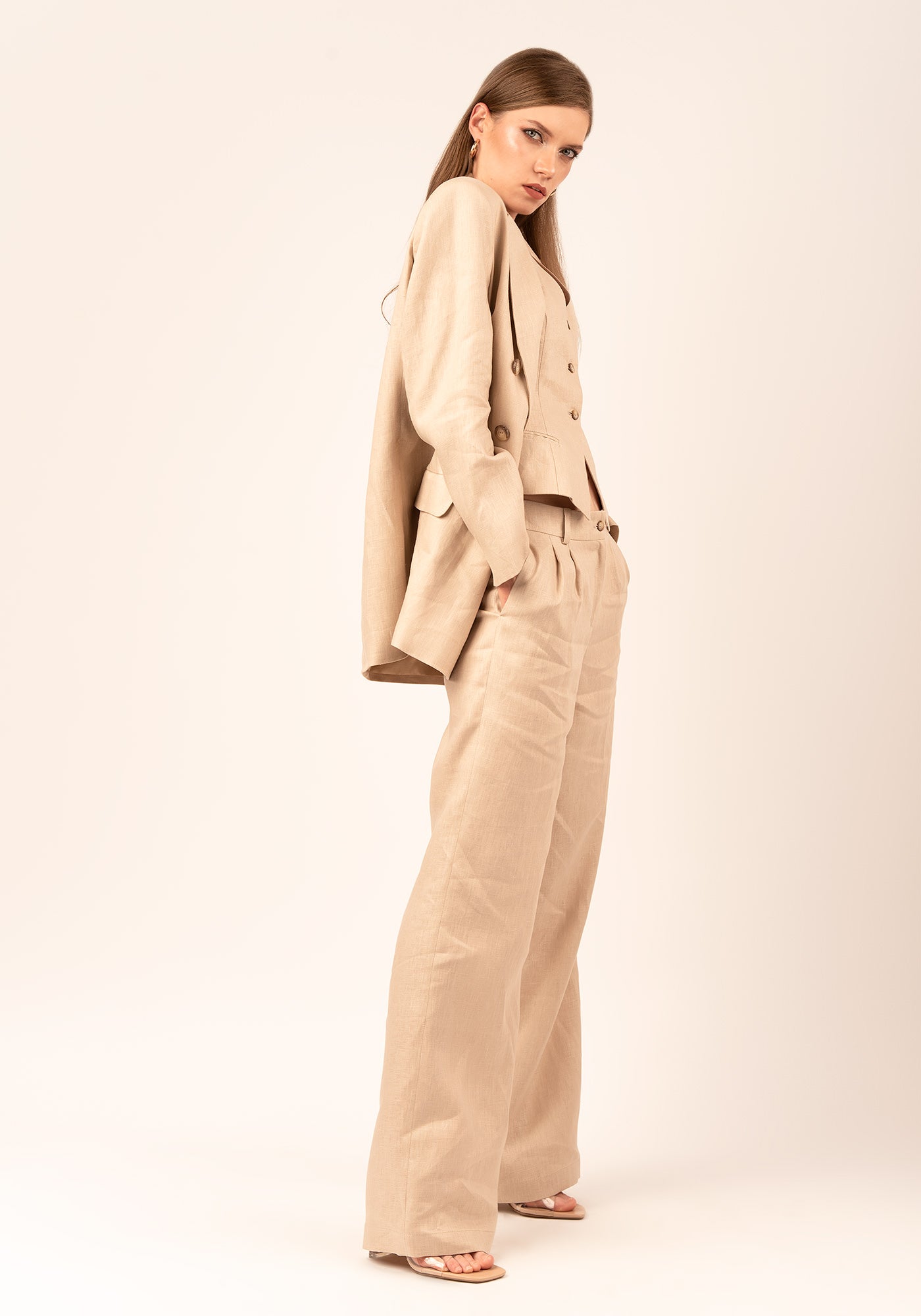 High waisted Straight Leg Women's Linen Pant in Beige