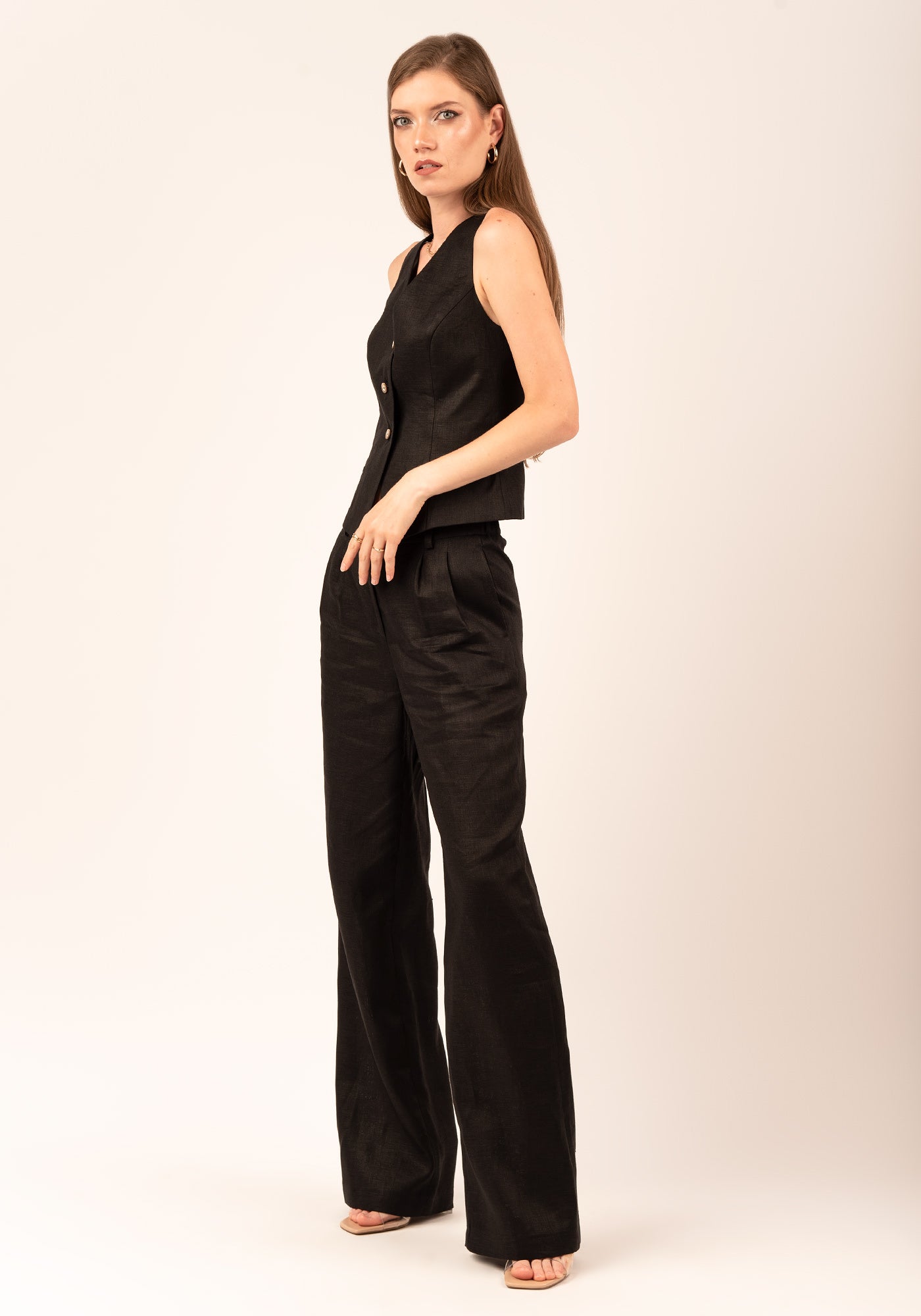 High waisted Straight Leg Women's Linen Pant in Black