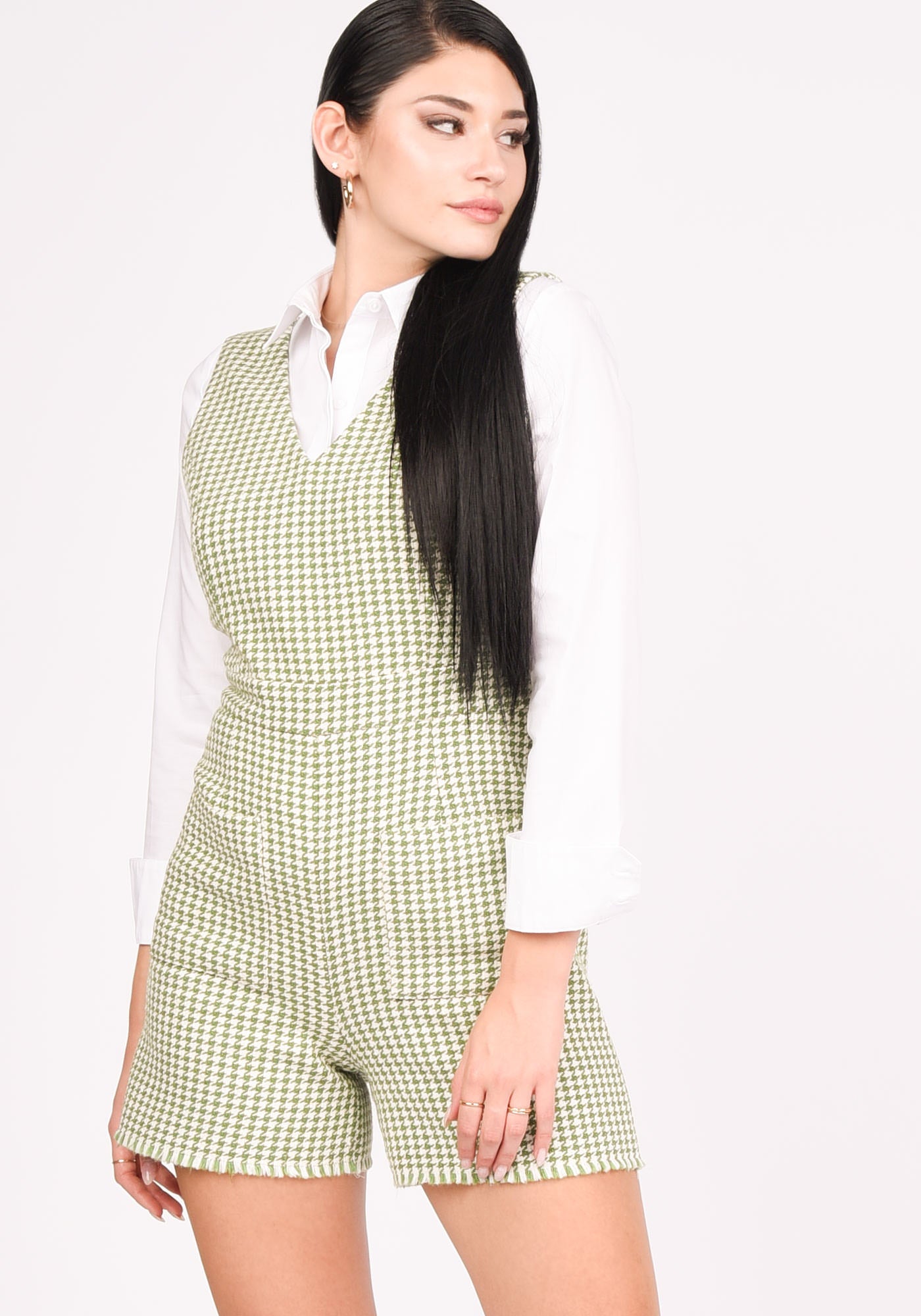 Women's Tailored Jumpsuit in Green/ Ecru Tweed