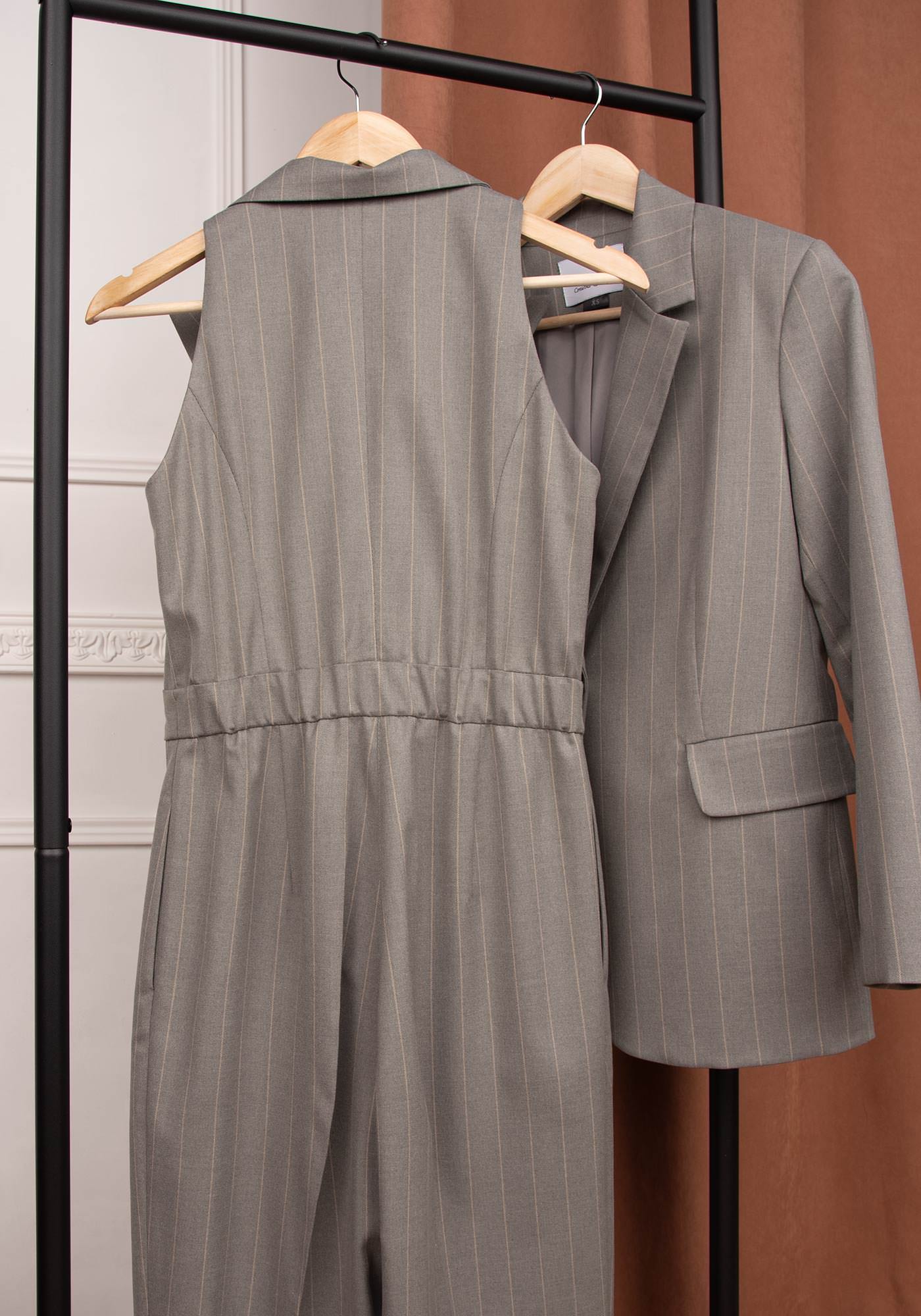 Women's Tailored DB Jumpsuit in Pinstripe grey