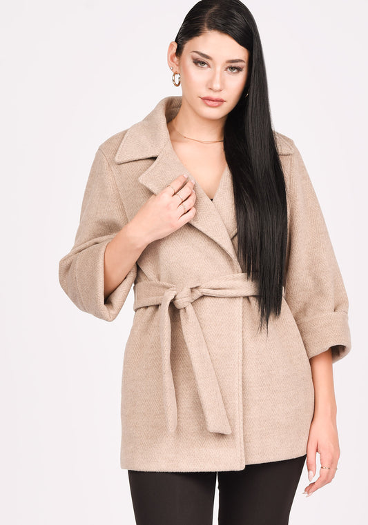 Women's Wool Blend Short Belted Coat in Beige Herringbone