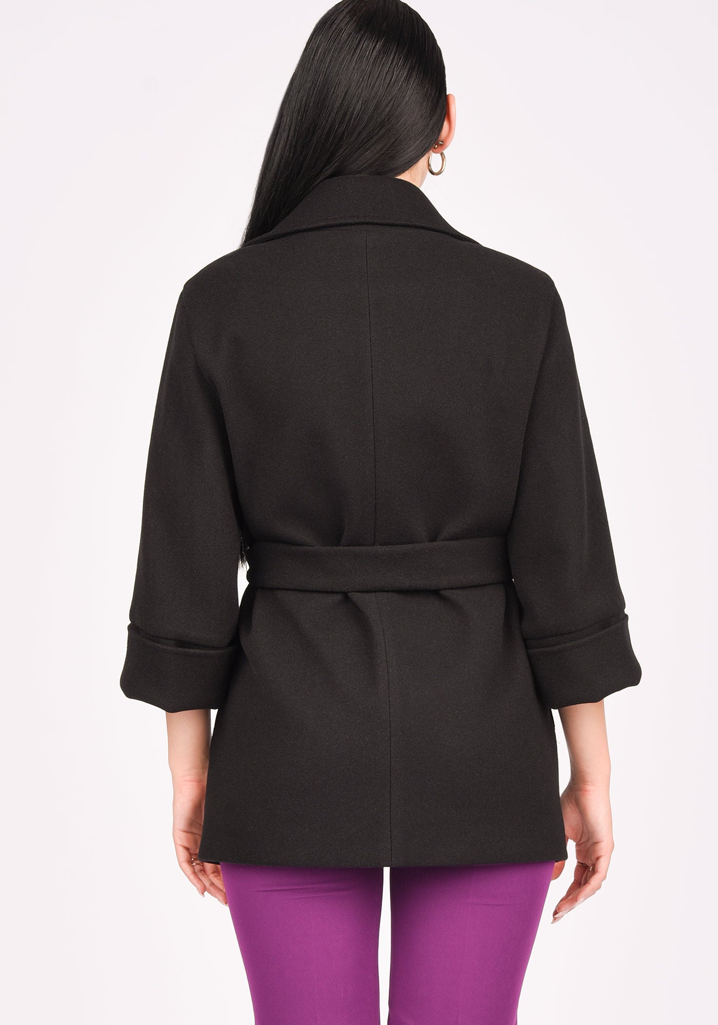 Women's Wool Blend Short Belted Coat in Black