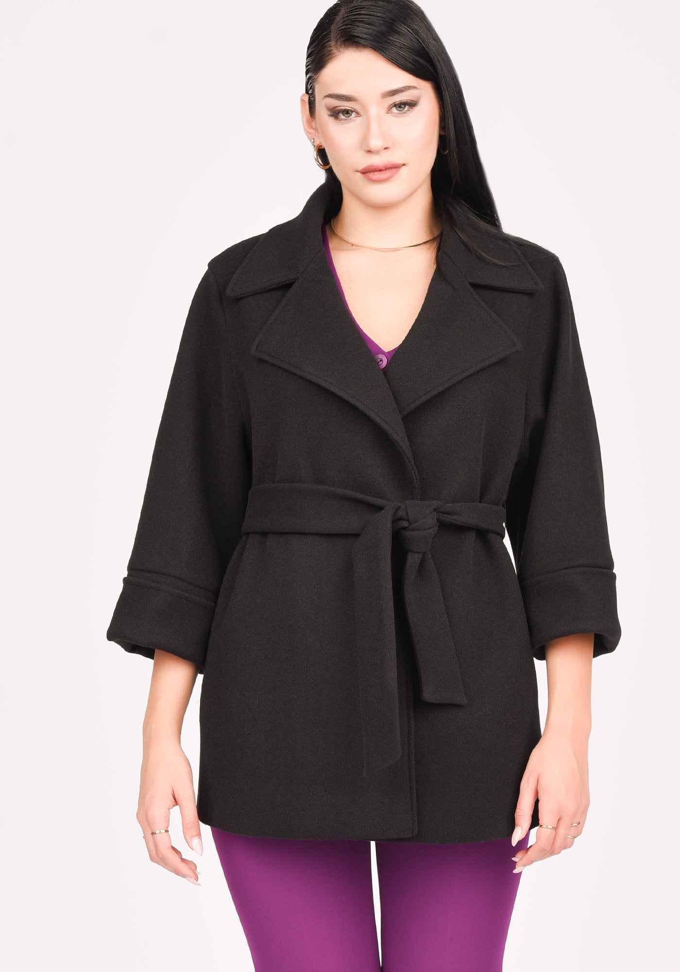 Women's Wool Blend Short Belted Coat in Black