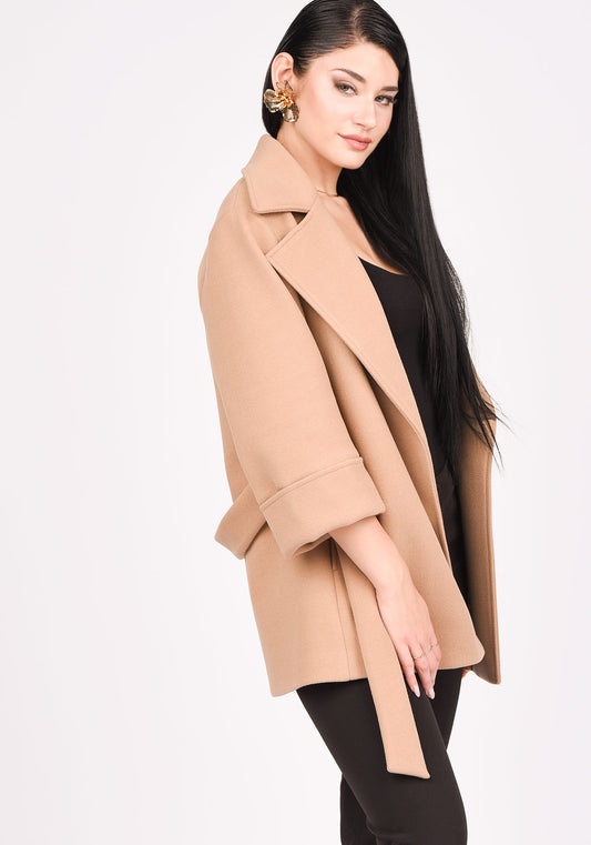 Women's Wool Blend Short Belted Coat in Mocha