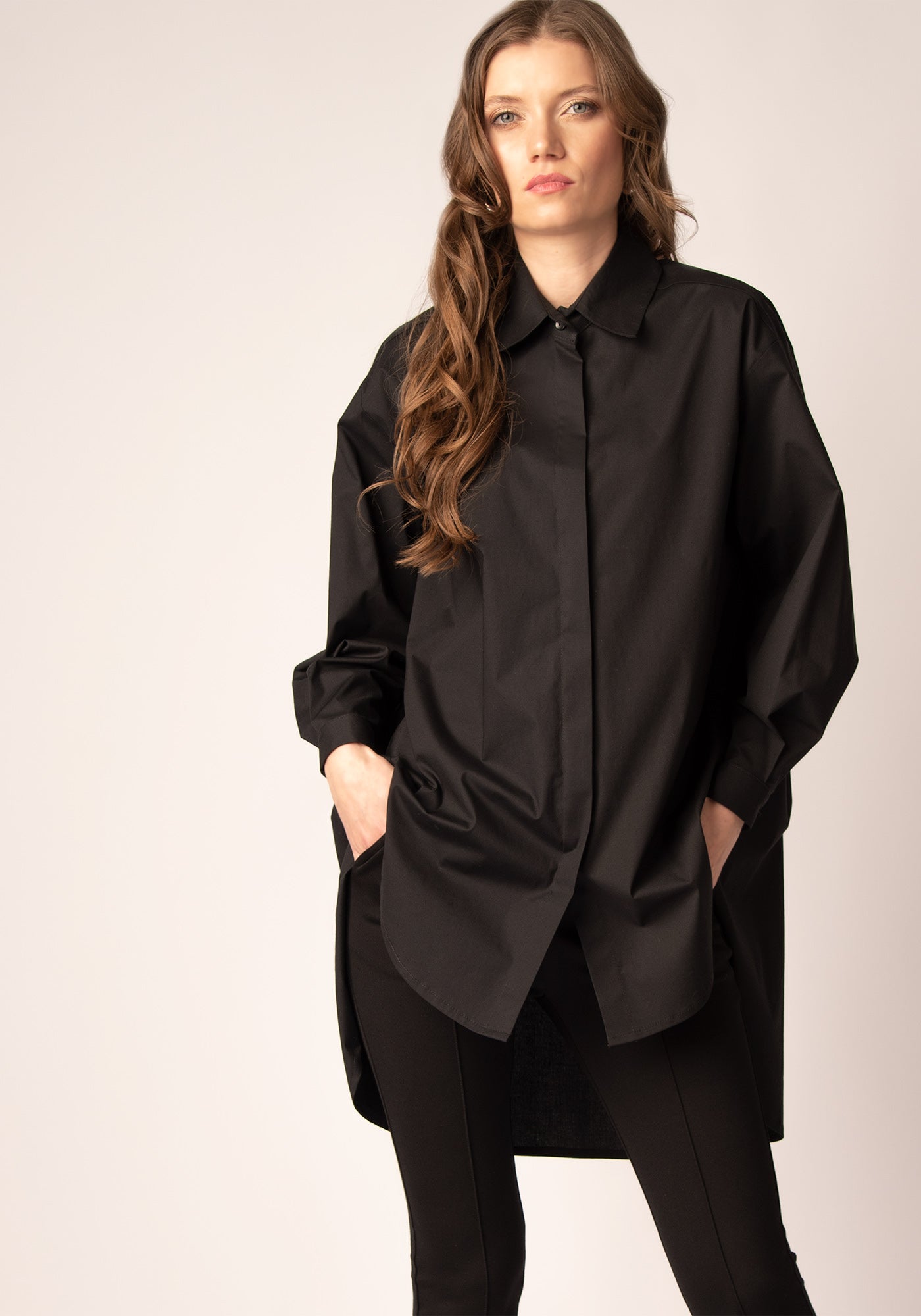 Women's Oversized Button up Shirt in Black Cotton Poplin