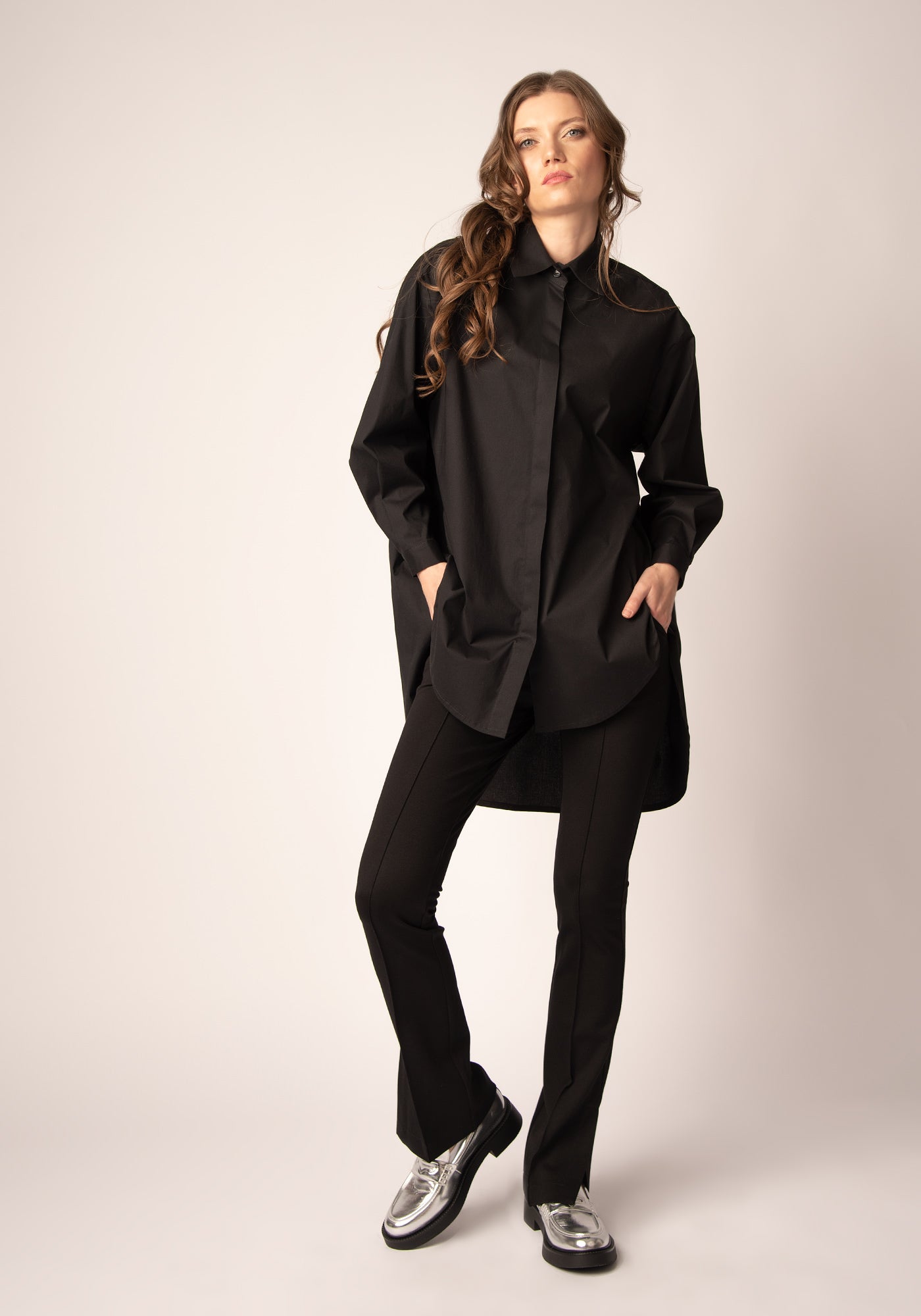 Women's Oversized Button up Shirt in Black Cotton Poplin