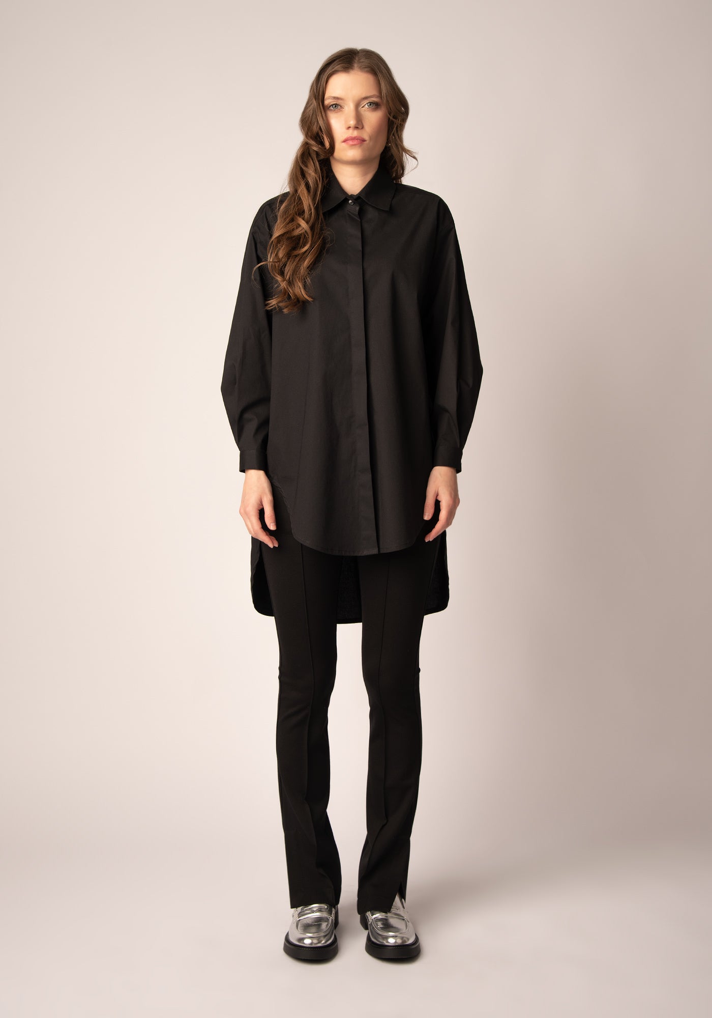 Women's Oversized Button up Shirt in Black Cotton Poplin