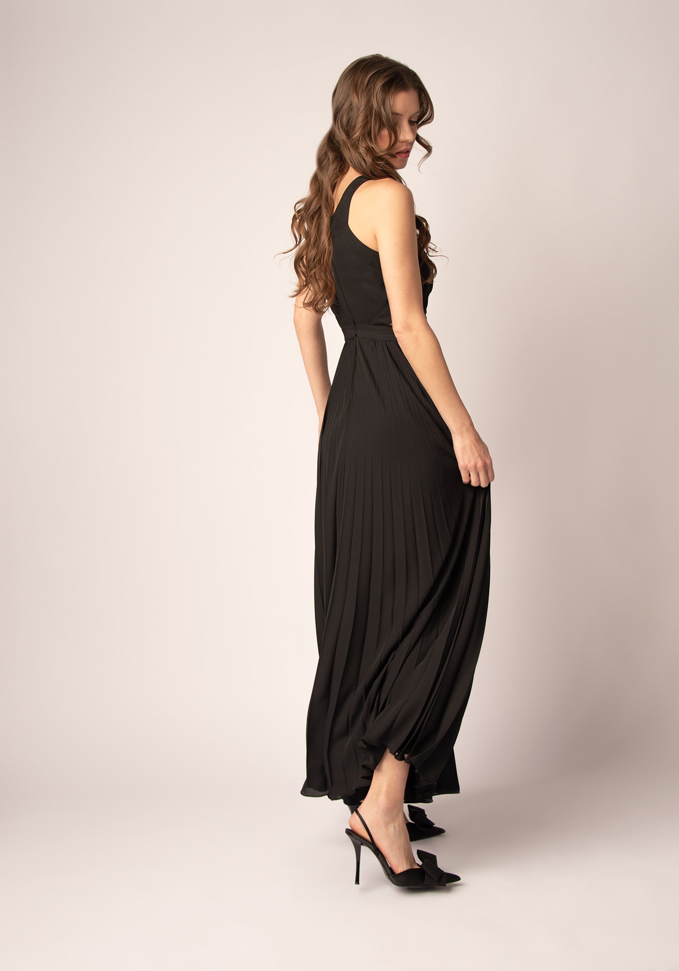 Cutouts Chiffon Gown with Soleil Pleats in Black